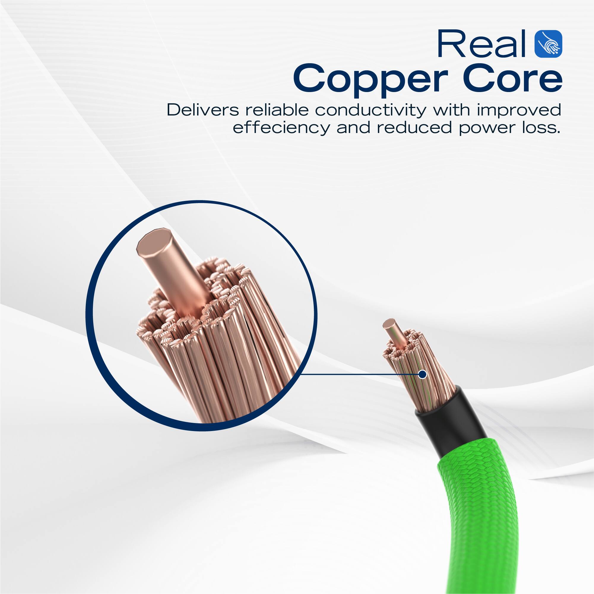 Real Copper Core  
Delivers reliable conductivity with improved efficiency and reduced power loss.