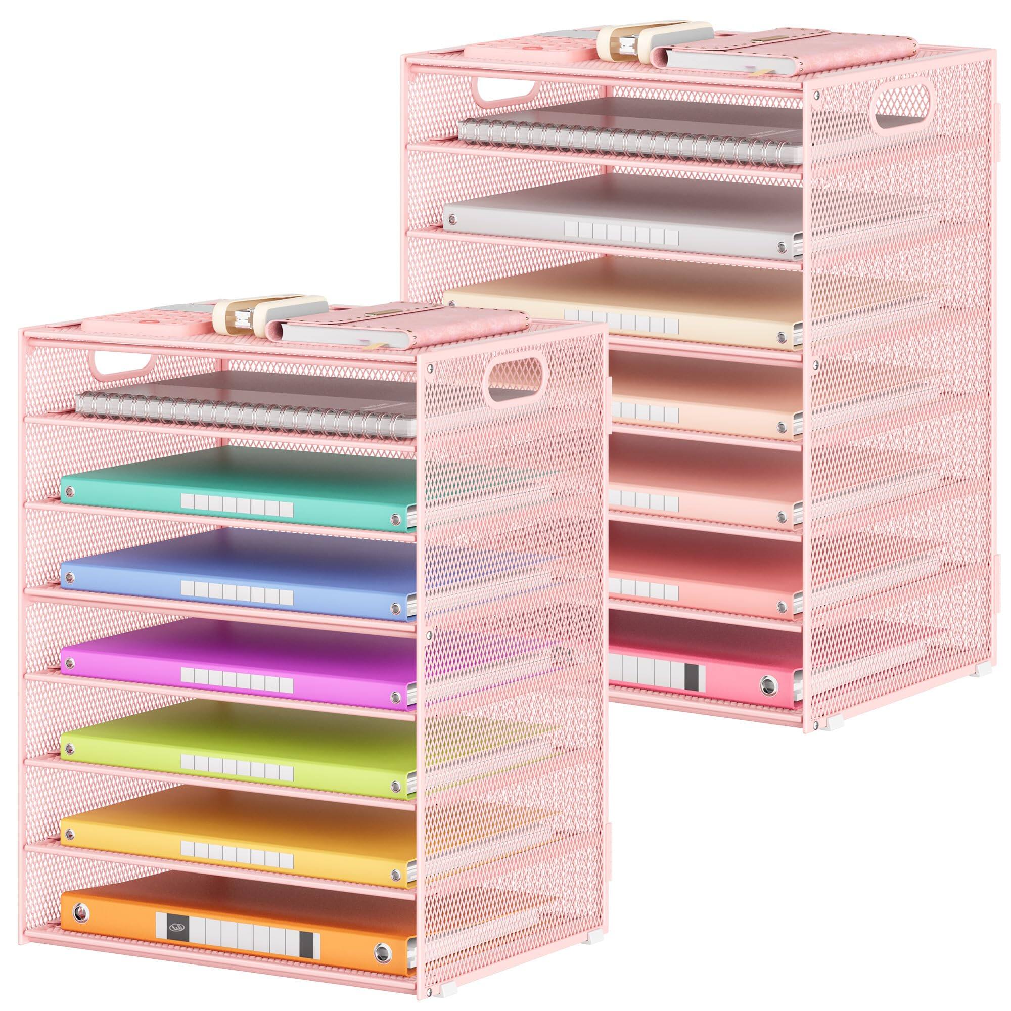 Dapper Styles - 8 Tier Paper Organizer For Desk Mesh Letter Tray File Sorter Organizers With Handles Including 5 Adjustable - 2 Pack 8-tier With Handle - Pink-12.7" x 9.2" x 1