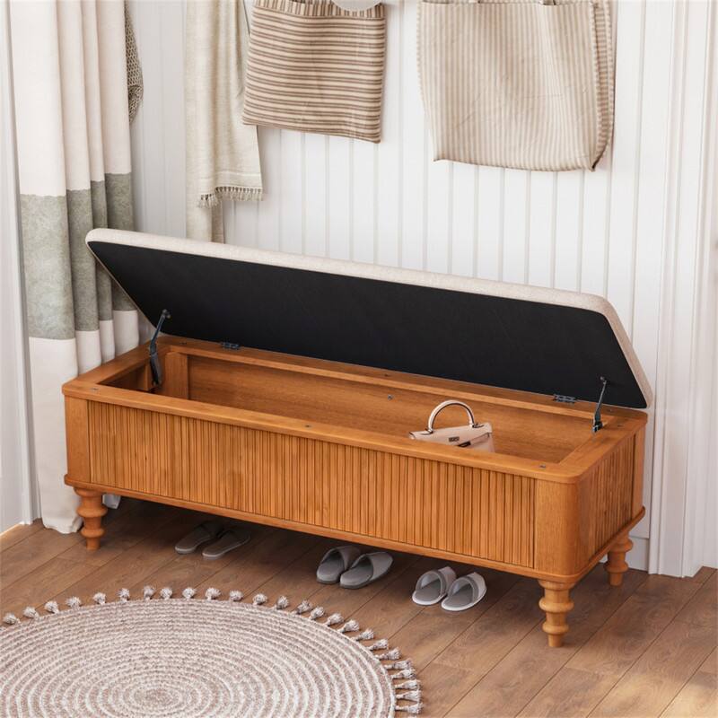 Alt View 4. HTUTWOO - 50.8-inch Multi-Functional Storage Ottoman Bench -Rubberwood Bed End Bench with Linen Seat,Shoe Organizer Storage Bench - Natural.