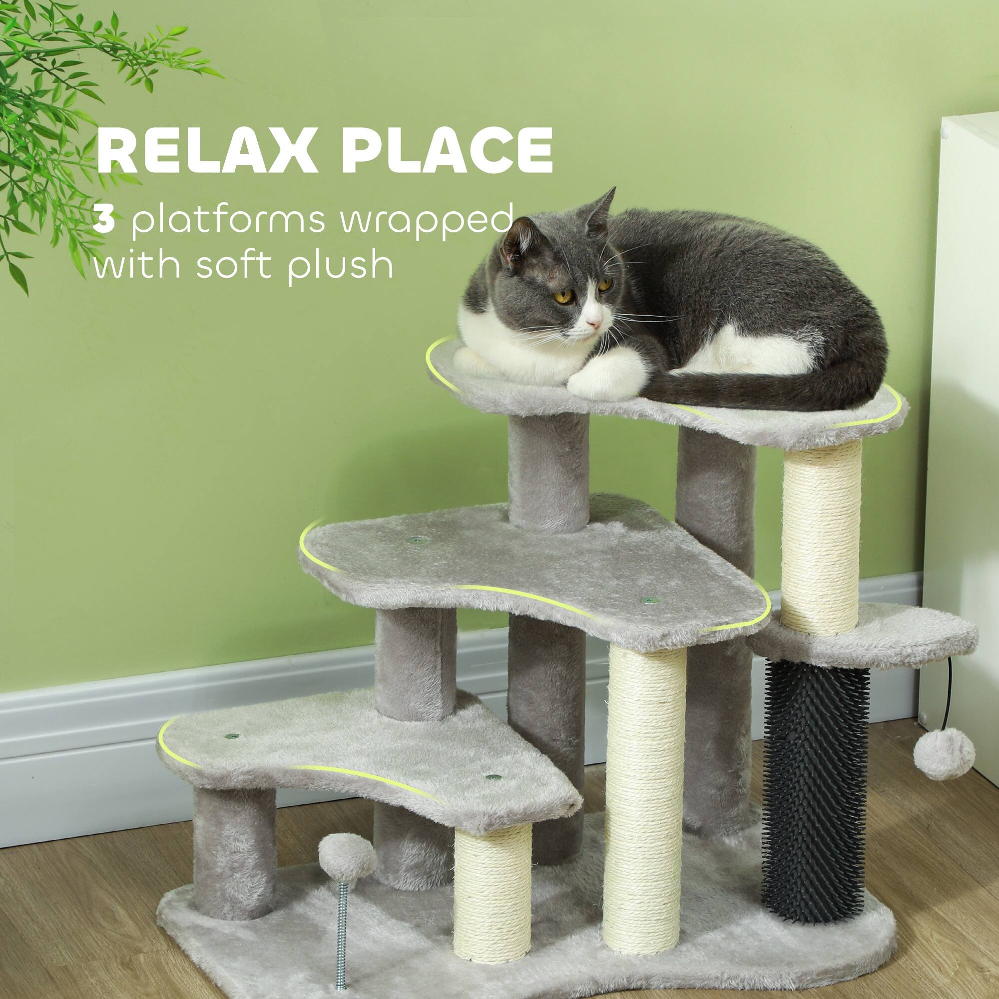 Alt View 2. Pawhut - 20" Pet Stairs for Cats, 2 in 1 3-Step Cat Tree Tower with Scratching Posts, Tickling Post, Toy Balls, for High Beds - Light Gray.