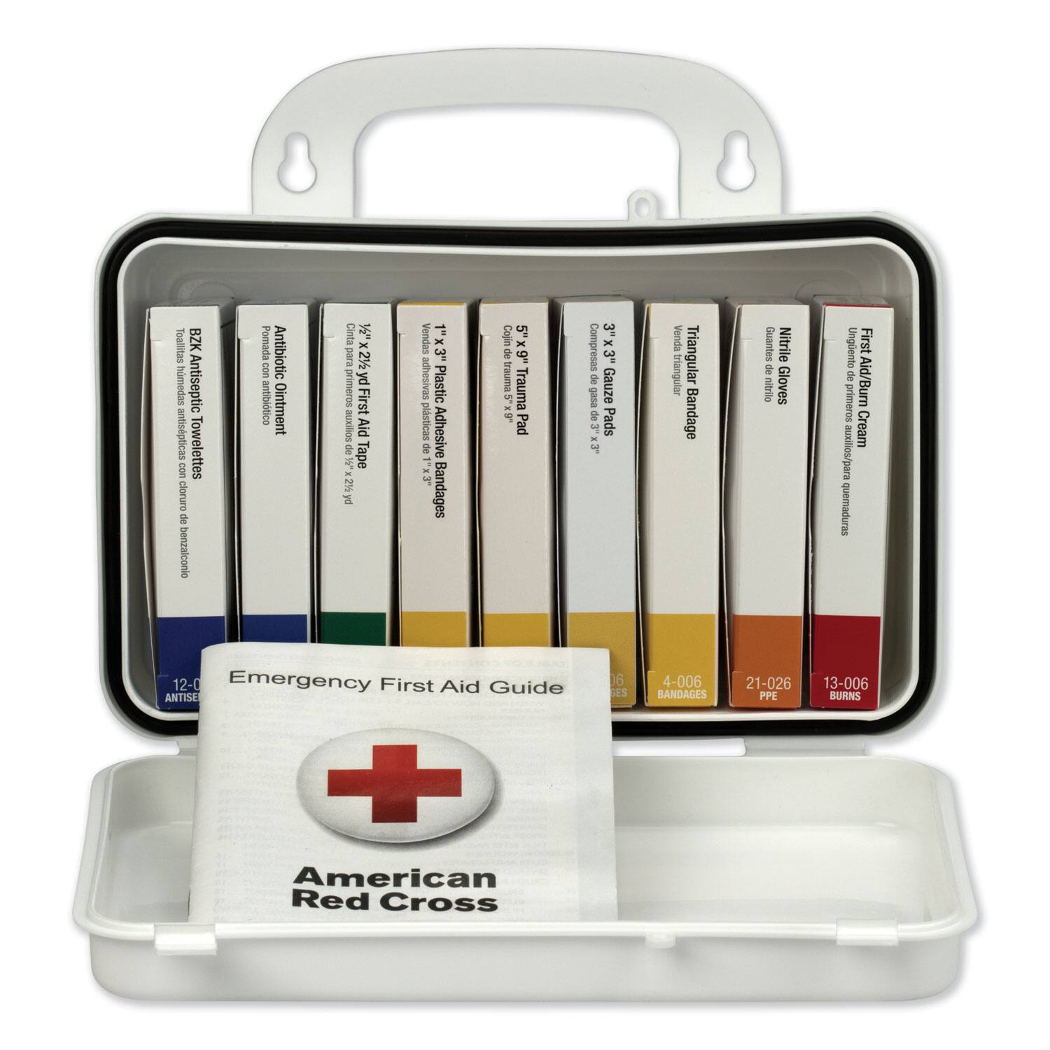 Toallitas BZK hmedas Antiseptic antispticas Towelettes i catuop 2 benzalconie Pomada Antibiotic con antibitico Ointment Cinta W x B 2% p primeros First auxilios Aid 2 Tape 3 - 2% a 1 Vendas K 3" adhesivas Plastic plsticas Adhesive & - 3 -  Bandages Cojin x.S   nnes Trauma 1. - 9 Pad 3" - Compresas 3"  Eed Gauze  4 Pads  Venda triangular Triangular Bandage Guantes Nitrile 2 nitrilo Gloves Ungents First de primeros Aid/Burn Cream auxillos/para quemaduras 12-0 Emergency First Aid Guide ANTISE + American Red Cross 06 GES 4-006 BANDAGES 21-026 PPE 13-006 BURNS