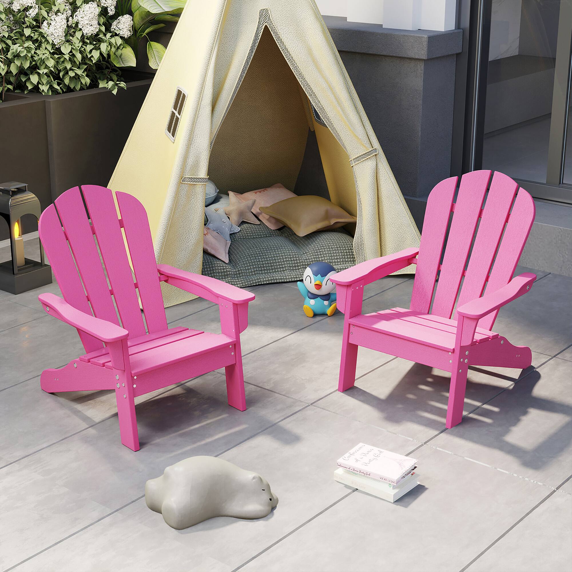 Alt View 1. Gymax - Gymax 4PCS Kid's Adirondack Chair All-Weather HDPE Toddler Lawn Chair w/ Ergonomic Design Pink - Pink.