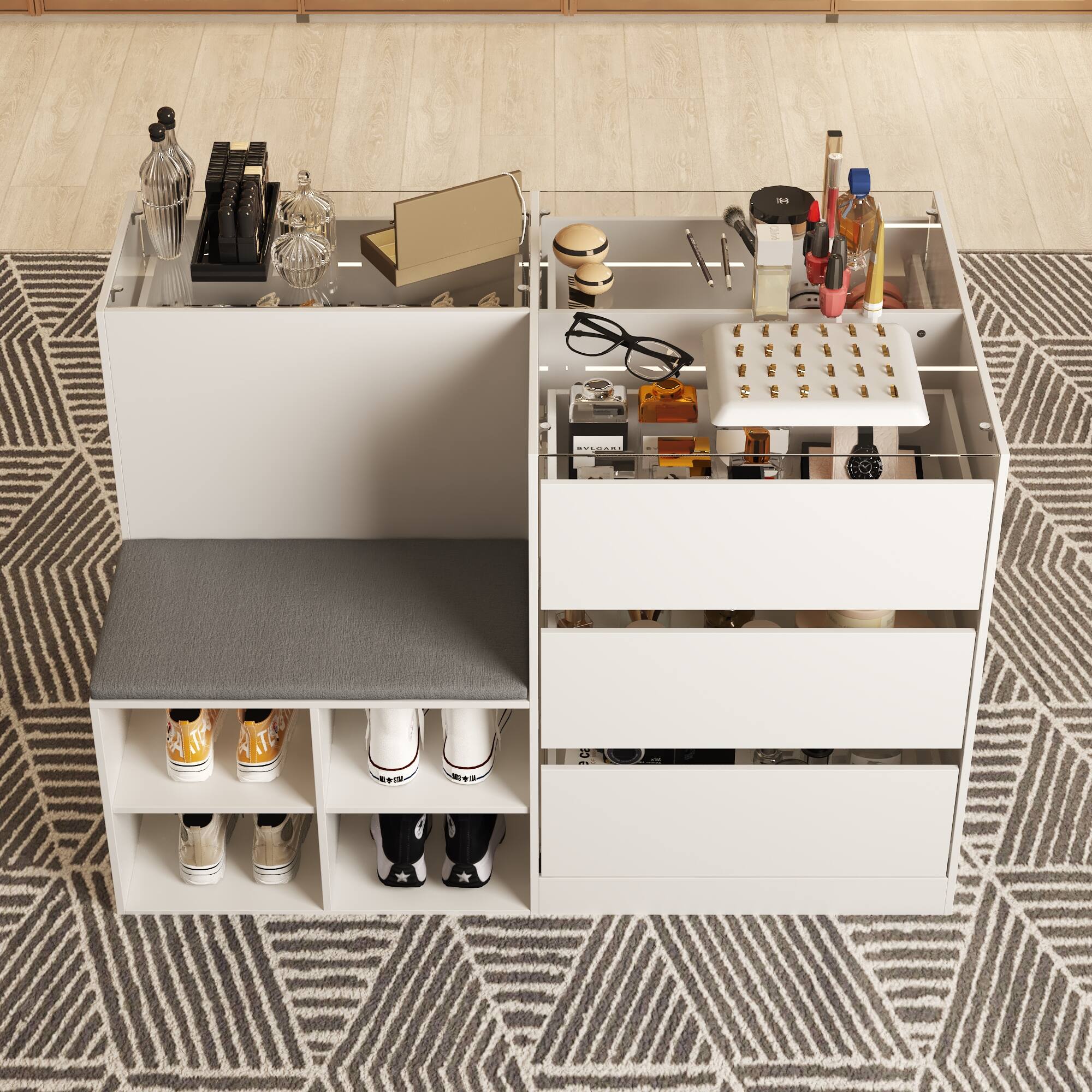 Left. FUFU & GAGA - Entryway Shoe Bench with Storage Drawers and Display Shelf Multifunctional Organizer for Living Room or Closet - White.