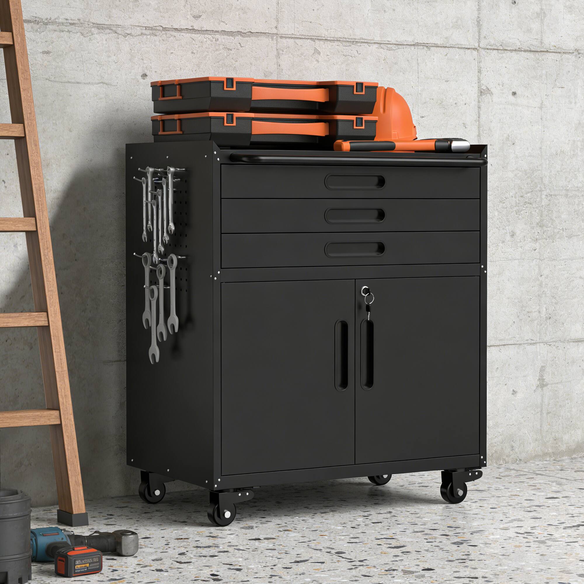 Angle. LOVMOR - 34.3 Inch Heavy Duty Rolling Metal Tool Cabinet with Lockable Doors 3 Drawers Mobile Workbench for Garage Workshop Home.