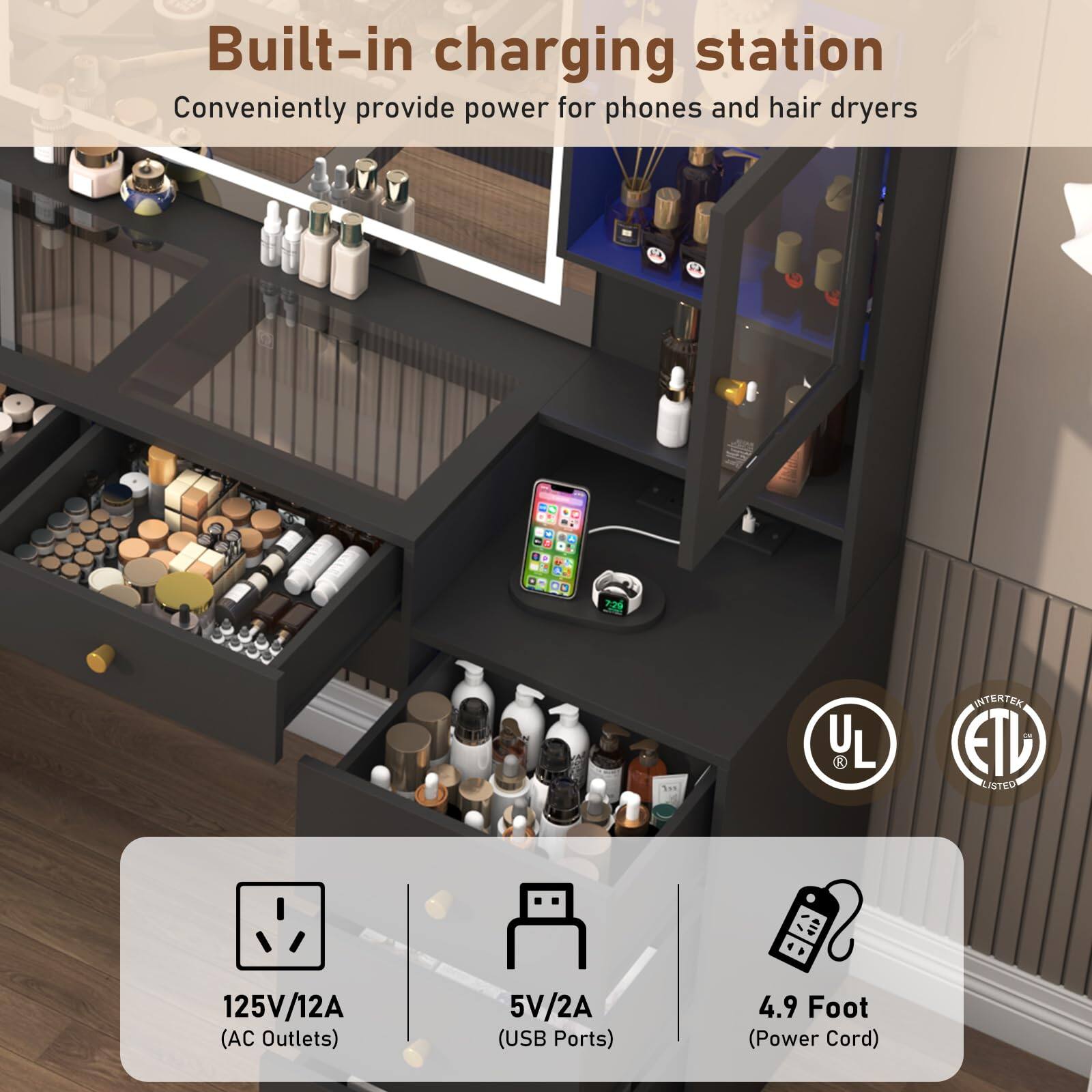 Built-in charging station  
Conveniently provide power for phones and hair dryers  

7:29  

UL  
INTERTEK ETID LISTED  

125V/12A (AC Outlets)  
5V/2A (USB Ports)  
4.9 Foot (Power Cord)
