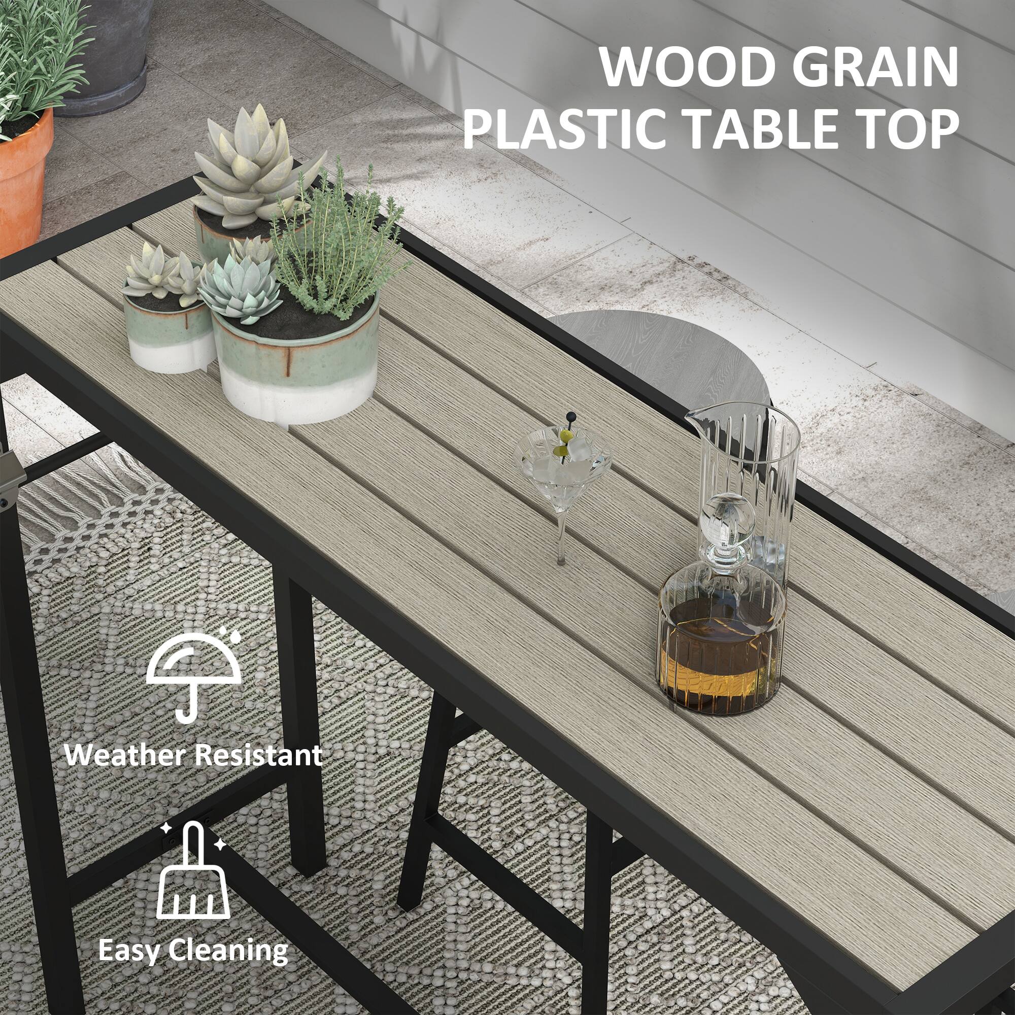 WOOD GRAIN PLASTIC TABLE TOP
Weather Resistant
Easy Cleaning