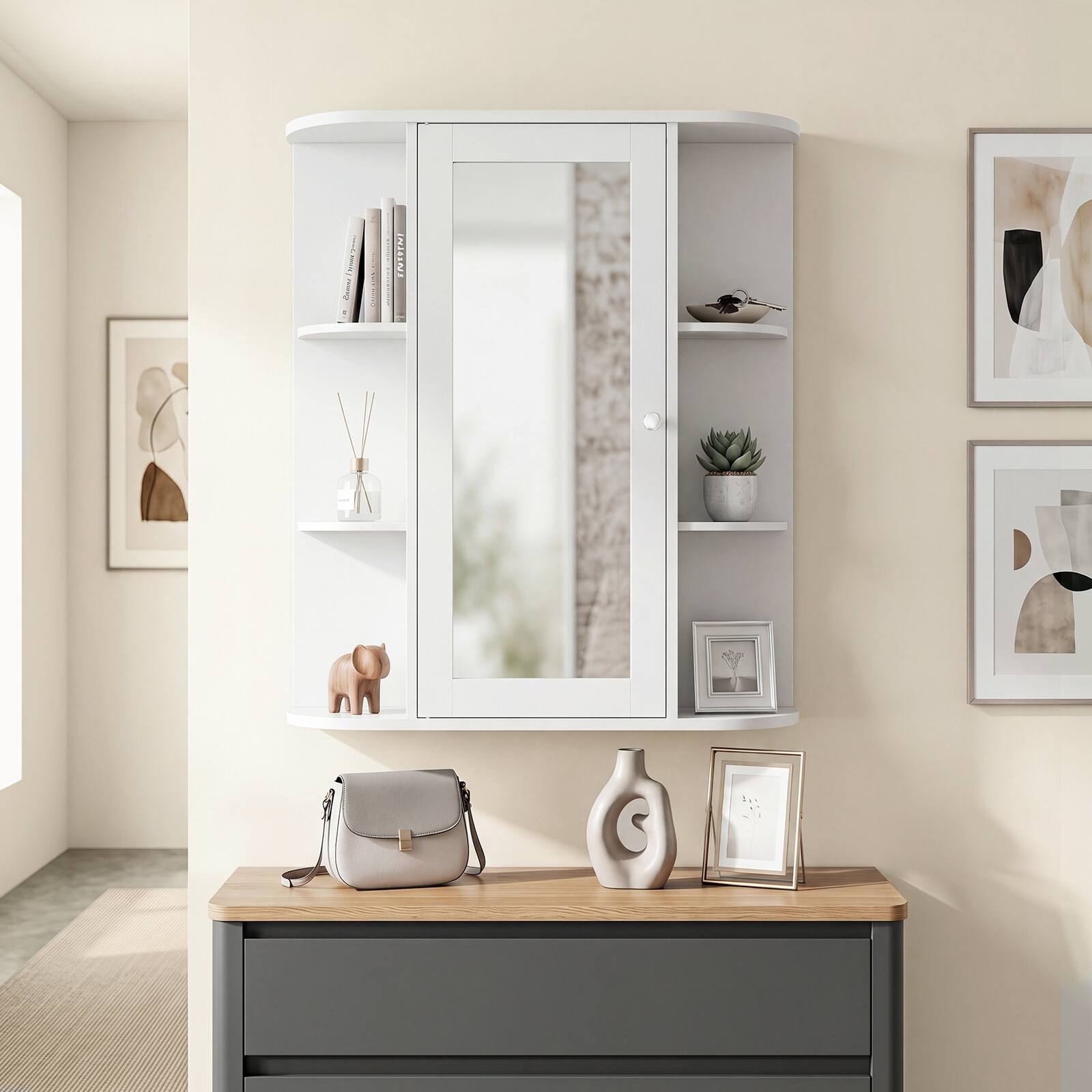 Alt View 4. Costway - Costway Bathroom Cabinet Single Door Shelves Wall Mount Cabinet with Mirror - White.