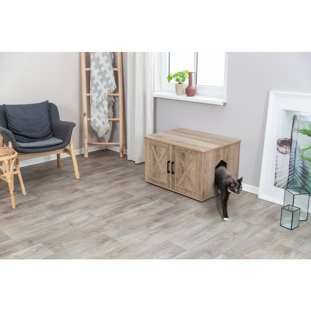 Angle. TRIXIE - XL Farmhouse Litter Box Enclosure, Hidden Litter Box Cabinet or End Table - Gray.
