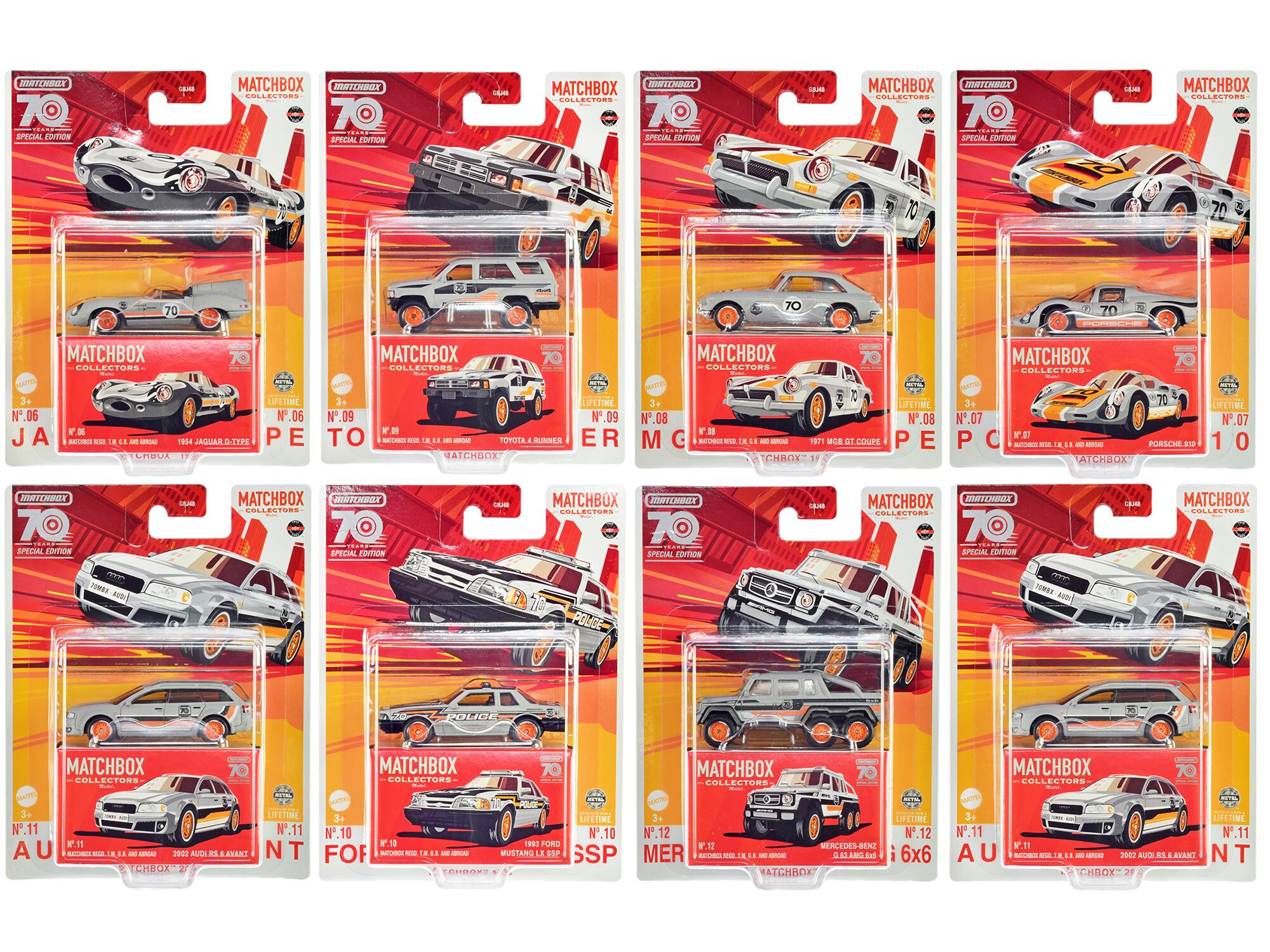 Here is the corrected and grouped text from the image:

---

**MATCHBOX COLLECTORS 70 SPECIAL EDITION**

1. **JAGUAR XJ-S**
   - N° 06
   - 1964 JAGUAR D-TYPE
   - MATCHBOX COLLECTORS 70 SPECIAL EDITION

2. **TOYOTA 4-RUNNER**
   - N° 09
   - 1971 TOYOTA 4-RUNNER
   - MATCHBOX COLLECTORS 70 SPECIAL EDITION

3. **PORSCHE 910**
   - N° 07
   - 1970 PORSCHE 910
   - MATCHBOX COLLECTORS 70 SPECIAL EDITION

4. **AUDI R8 & AVANT**
   - N° 11
   - 2000 AUDI R8 & AVANT
   - MATCHBOX COLLECTORS 70 SPECIAL EDITION

5. **MERCEDES-BENZ 6x6**
   - N° 12
   - 1993 MERCEDES-BENZ 6