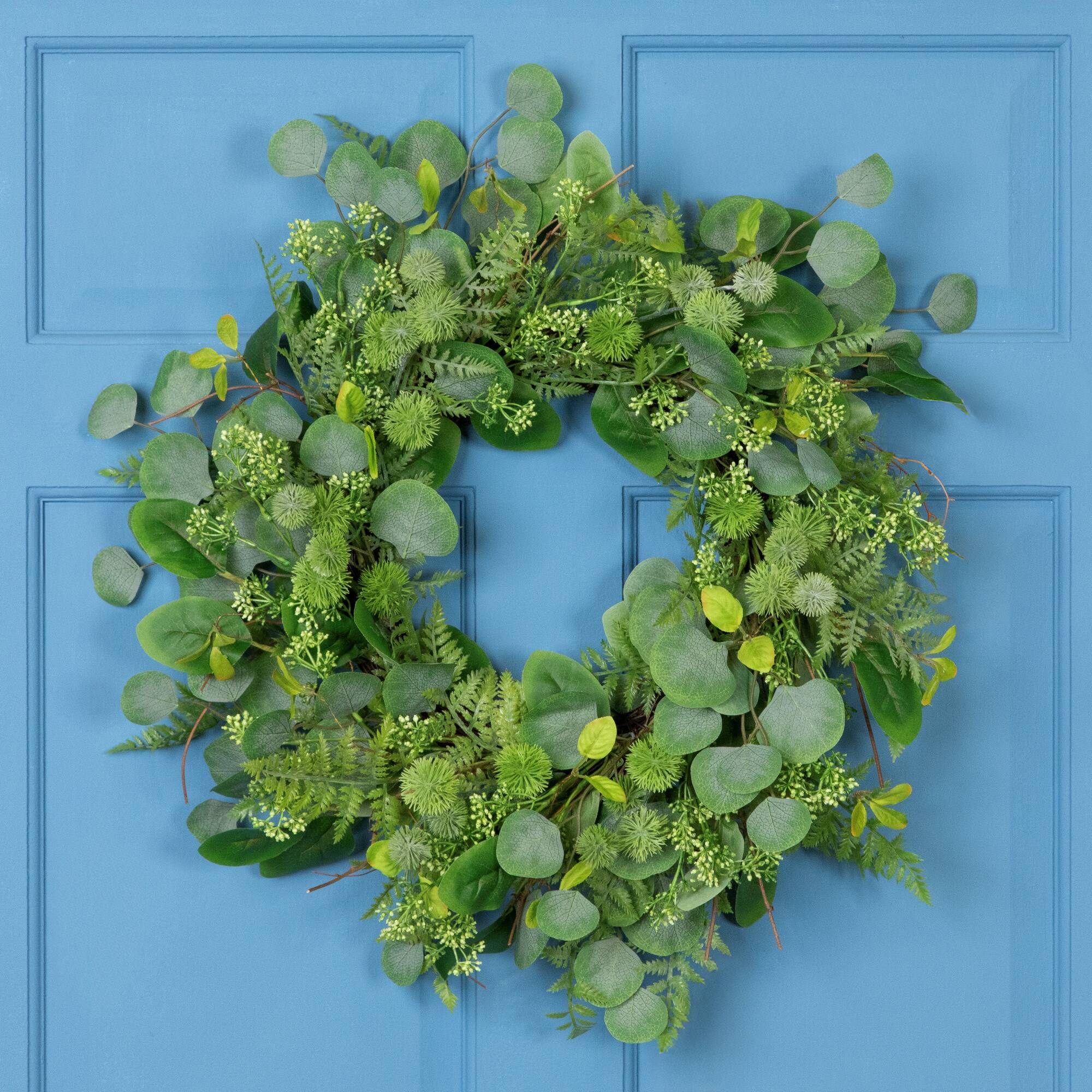 Front. Northlight - Seeded Eucalyptus with Sweet Gum Flowers Artificial Spring Wreath - 24" - Green.