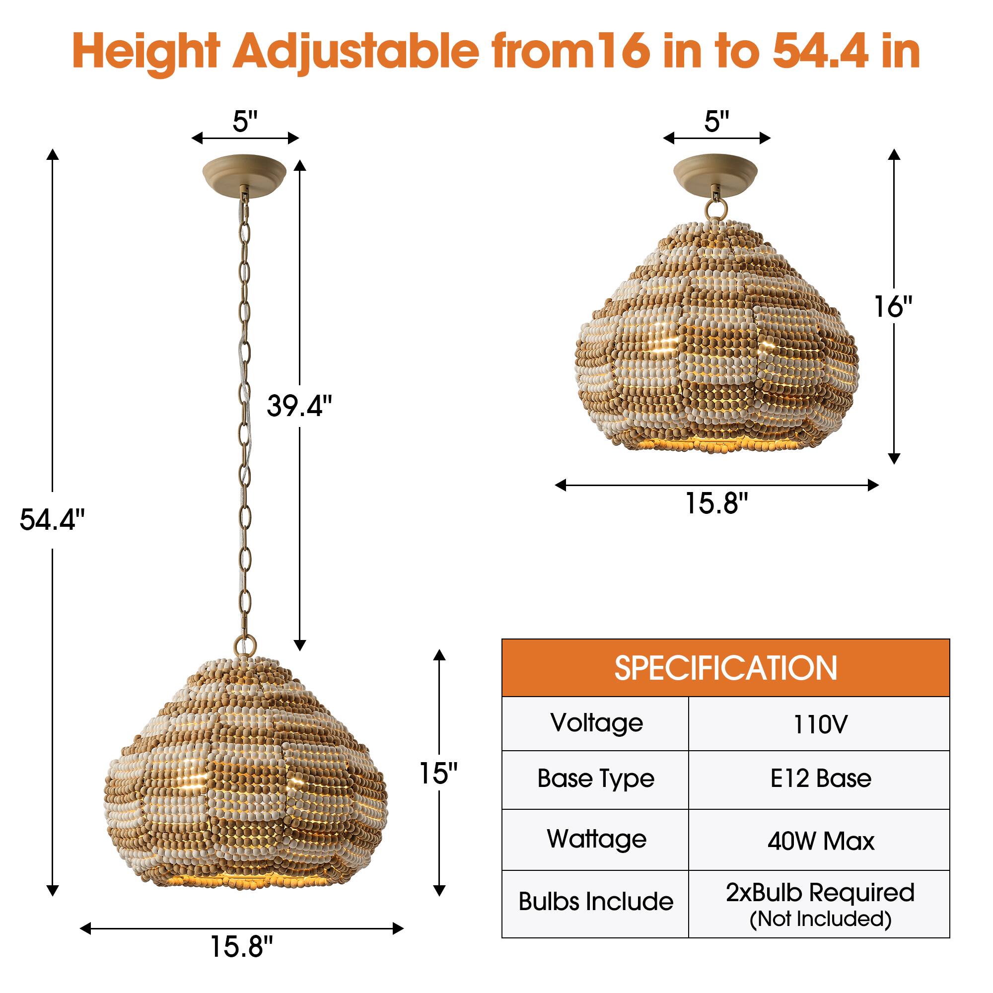 Height Adjustable from 16 in to 54.4 in

5"  
16"  
39.4"  
54.4"  
15.8"  
15"  

SPECIFICATION  
Voltage: 110V  
Base Type: E12 Base  
Wattage: 40W Max  
Bulbs Include: 2xBulb Required (Not Included)