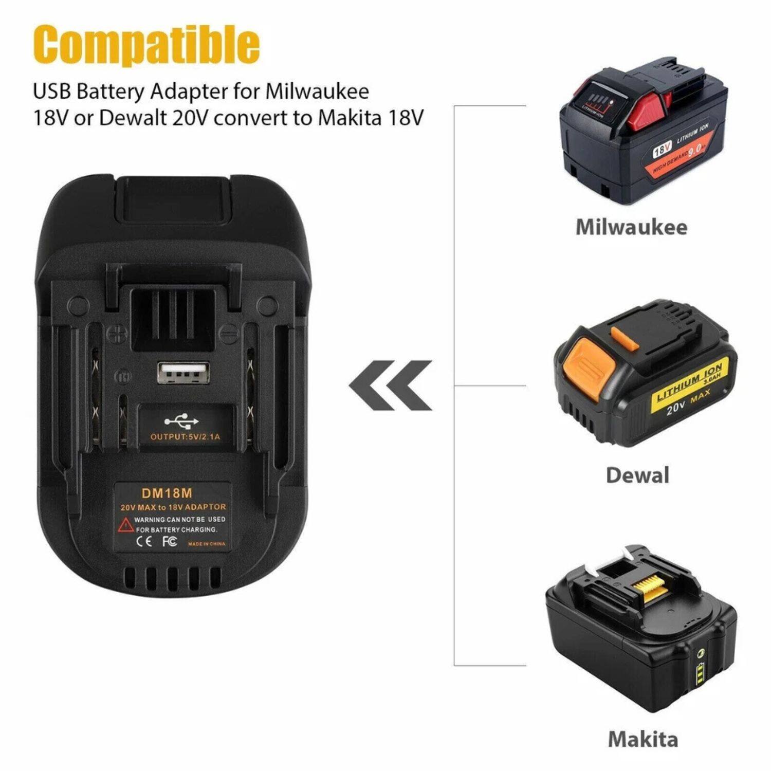 Compatible  
USB Battery Adapter for Milwaukee 18V or Dewalt 20V convert to Makita 18V  

OUTPUT: 5V/2.1A  

DM18M  
20V MAX to 18V ADAPTOR  
WARNING: CAN NOT BE USED FOR BATTERY CHARGING  

CE FC  
MADE IN CHINA  

Milwaukee  
18V LITHIUM ION  
20V MAX  

Dewalt  
LITHIUM ION  
20V MAX  

Makita