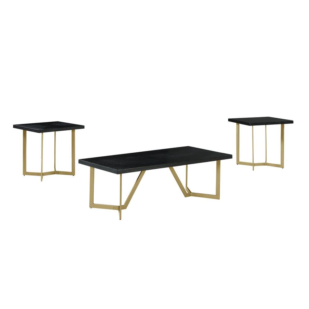 Best Quality Furniture - 3pc wood top coffee table set w/gold color iron base (1Coffee+2end table) - Black