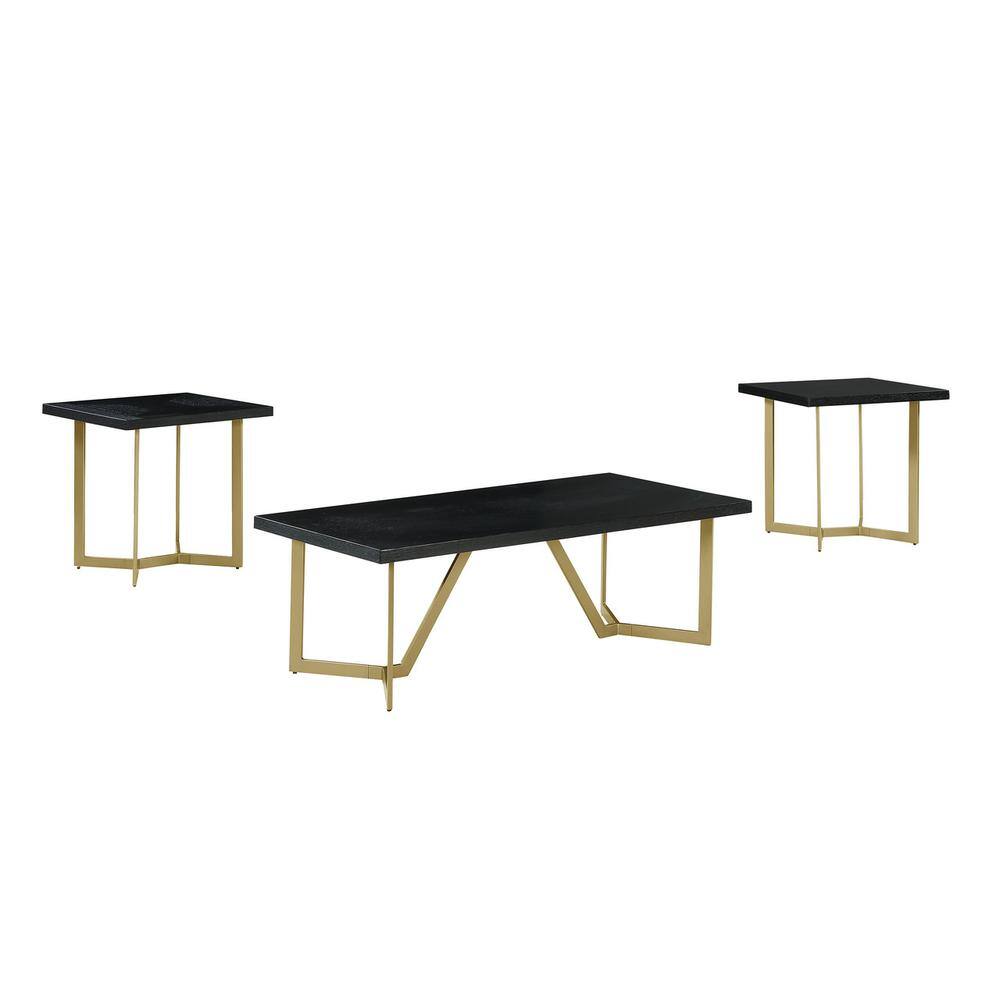 Front. Best Quality Furniture - 3pc Black wood top coffee table set w/gold color iron base (1Coffee+2end table) - Black.