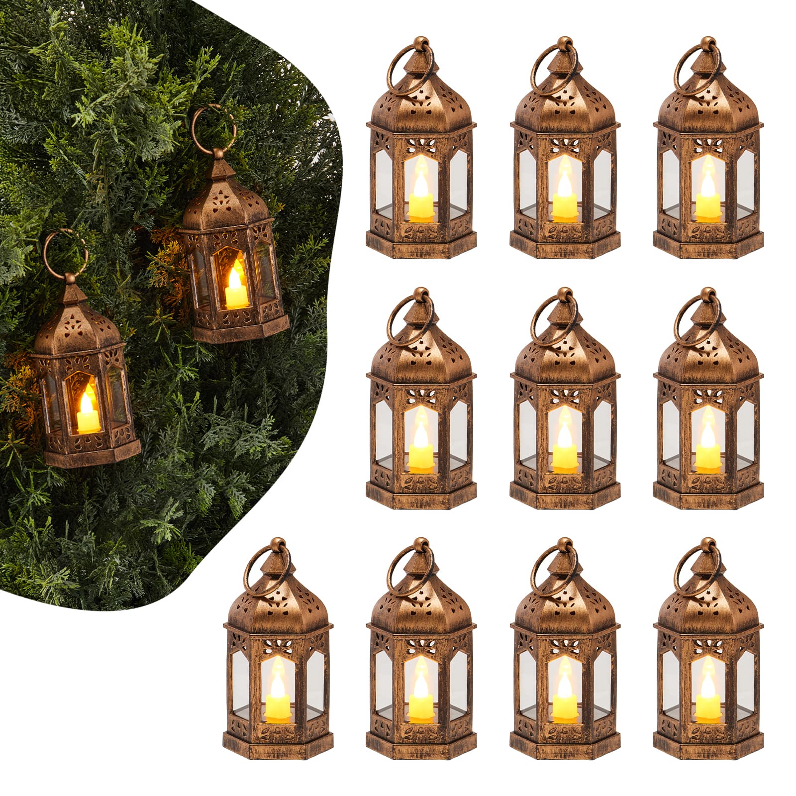 VEVOR - 12 Pcs Decorative Candle Lantern, LED Electric Flameless Candle, Plastic LED Holder with Glass, Wall Hanging Lanterns - Bronze