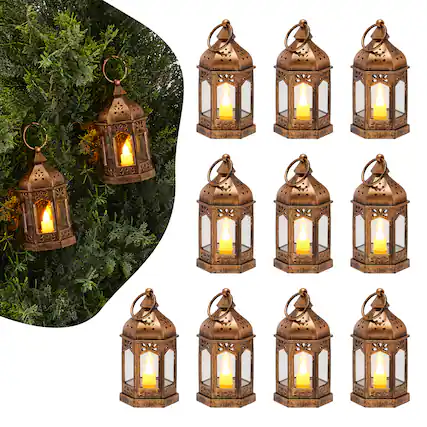 Front. VEVOR - 12 Pcs Decorative Candle Lantern, LED Electric Flameless Candle, Plastic LED Holder with Glass, Wall Hanging Lanterns - Bronze.