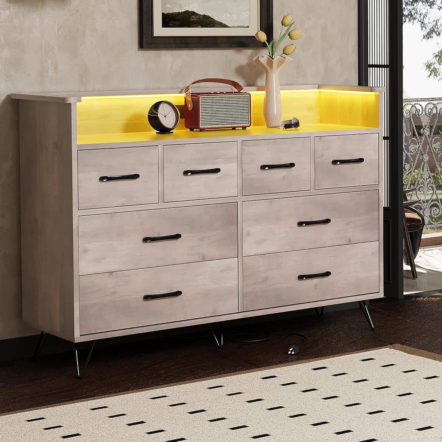 GARVEE - 8 Drawer Modern Dresser, Wide Chest with Storage Drawers for Bedroom, Gaming Setup or Makeup Vanity, Antique Oak - Antique Light Color