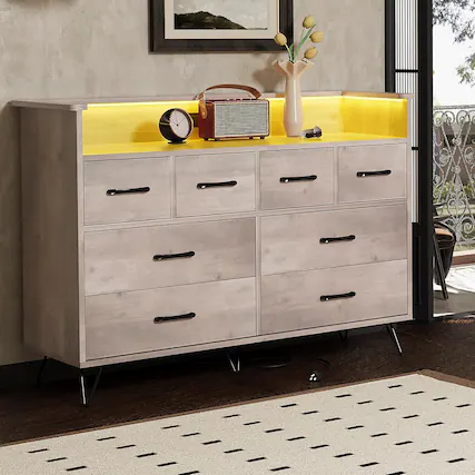 Front. GARVEE - 8 Drawer Modern Dresser, Wide Chest with Storage Drawers for Bedroom, Gaming Setup or Makeup Vanity, Antique Oak - Antique Light Color.