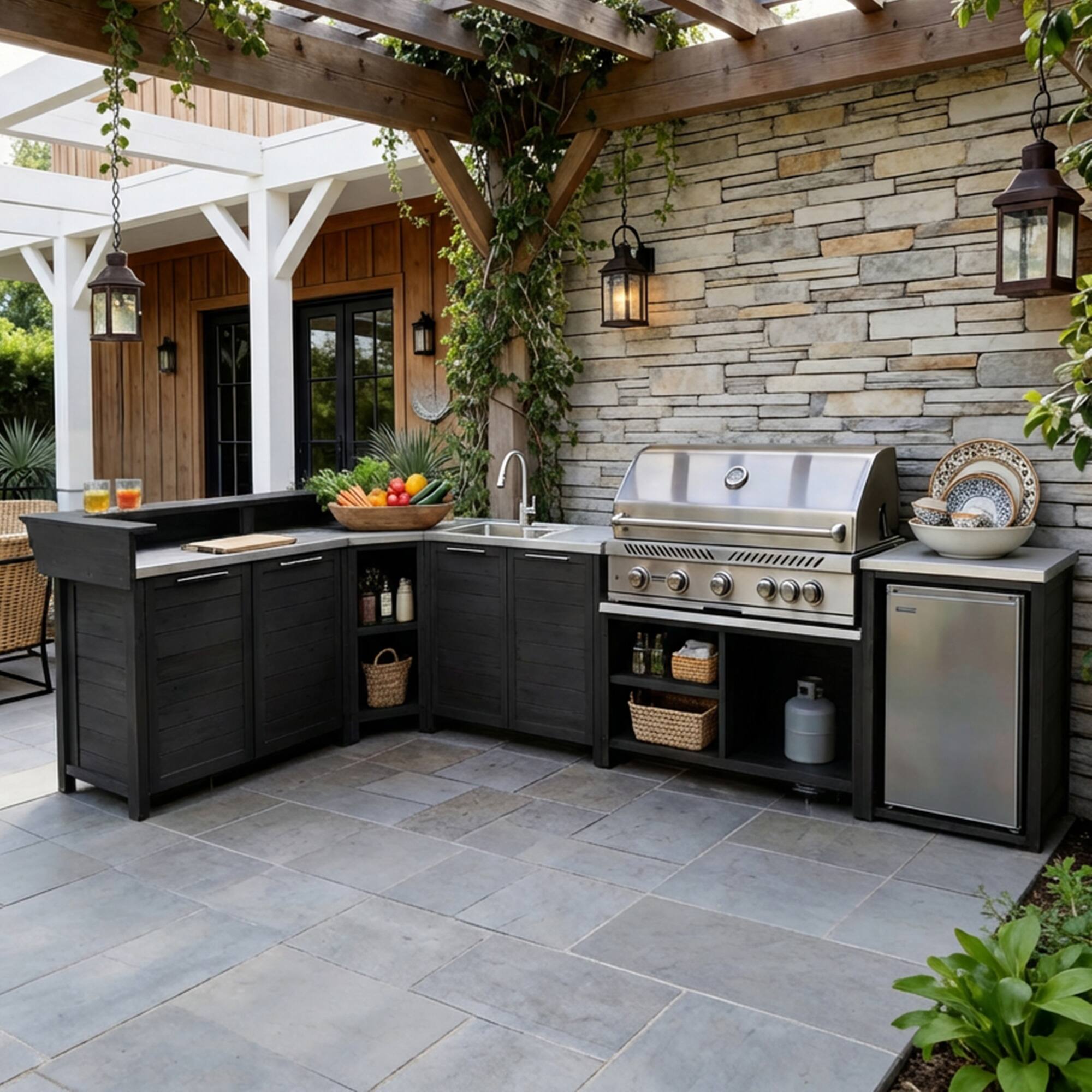 Alt View 1. Famapy - Modular Solid Cedar Outdoor Kitchen Cabinets - All-Weather Storage with Stainless Steel Top for Patio, Grill Station - Carbon Black.