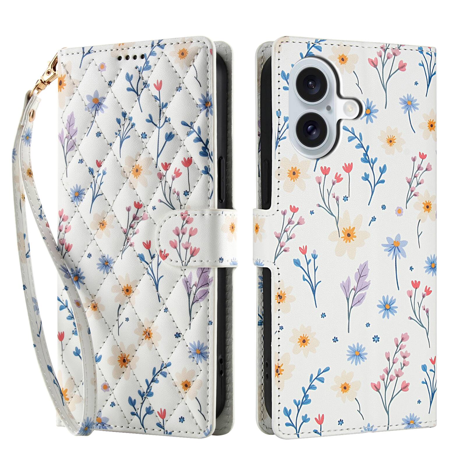 Angle. Dteck - Floral Wallet Case for Apple iPhone 17 with Card Slots Wrist Strap, Premium PU Leather Shockproof Protective Flip Cover - E.