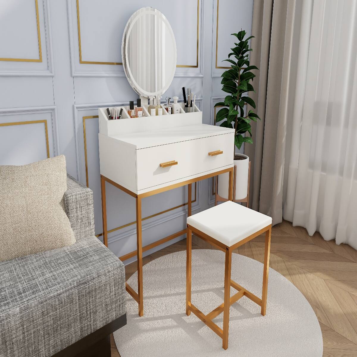 Back. Loheer - Loheer Makeup Vanity Set with Mirror and Stool, White and Gold, Compact - Ancient White.