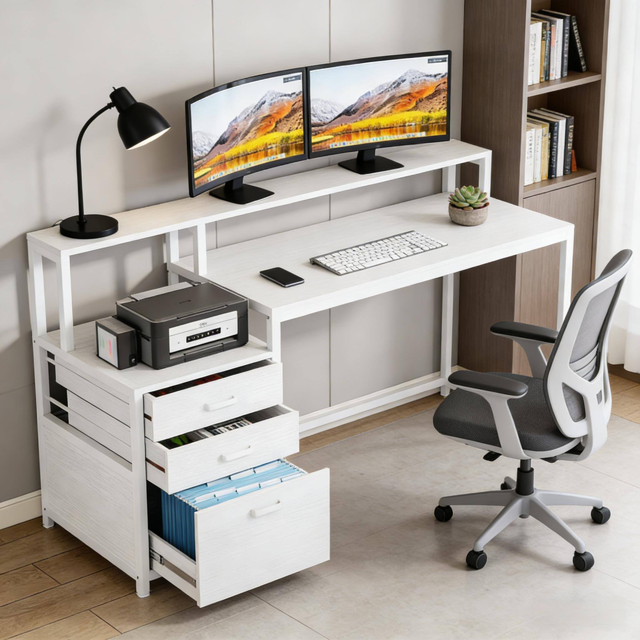 Back. Forest'nSky - Writing Desk with Drawers & Storage for Office, Study & Gaming,White - White.