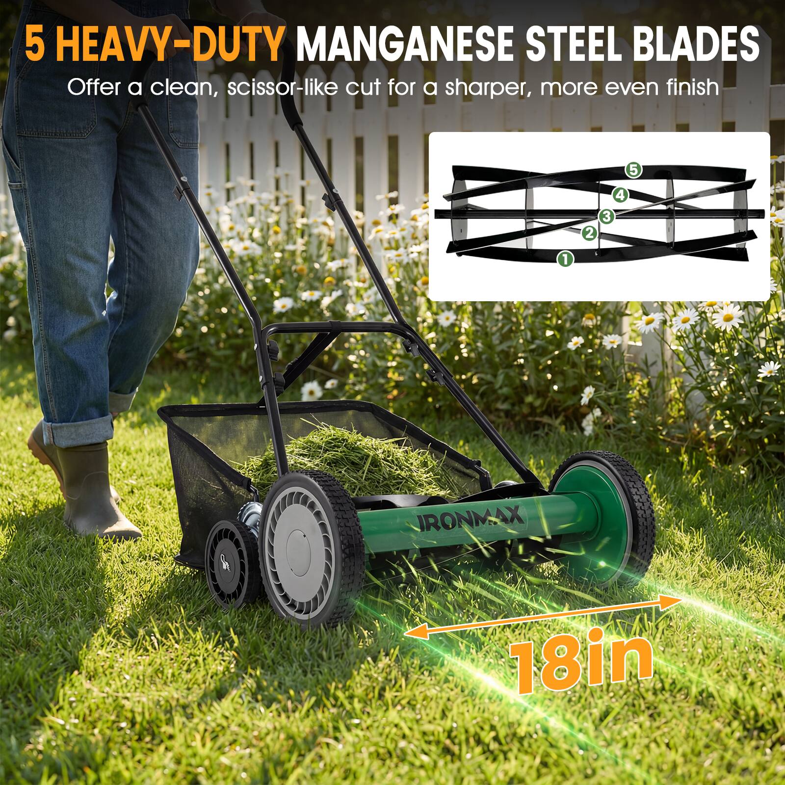 5 HEAVY-DUTY MANGANESE STEEL BLADES  
Offer a clean, scissor-like cut for a sharper, more even finish  

IRONMAX 18in