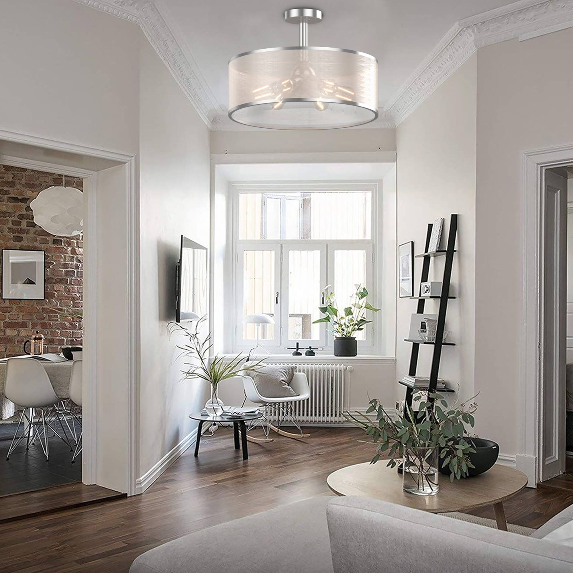 Alt View 2. Costway - Costway 6-Light Semi Flush Mount Ceiling Light Pendant Lamp w/ Fabric Drum-shaped Shade - Warm.