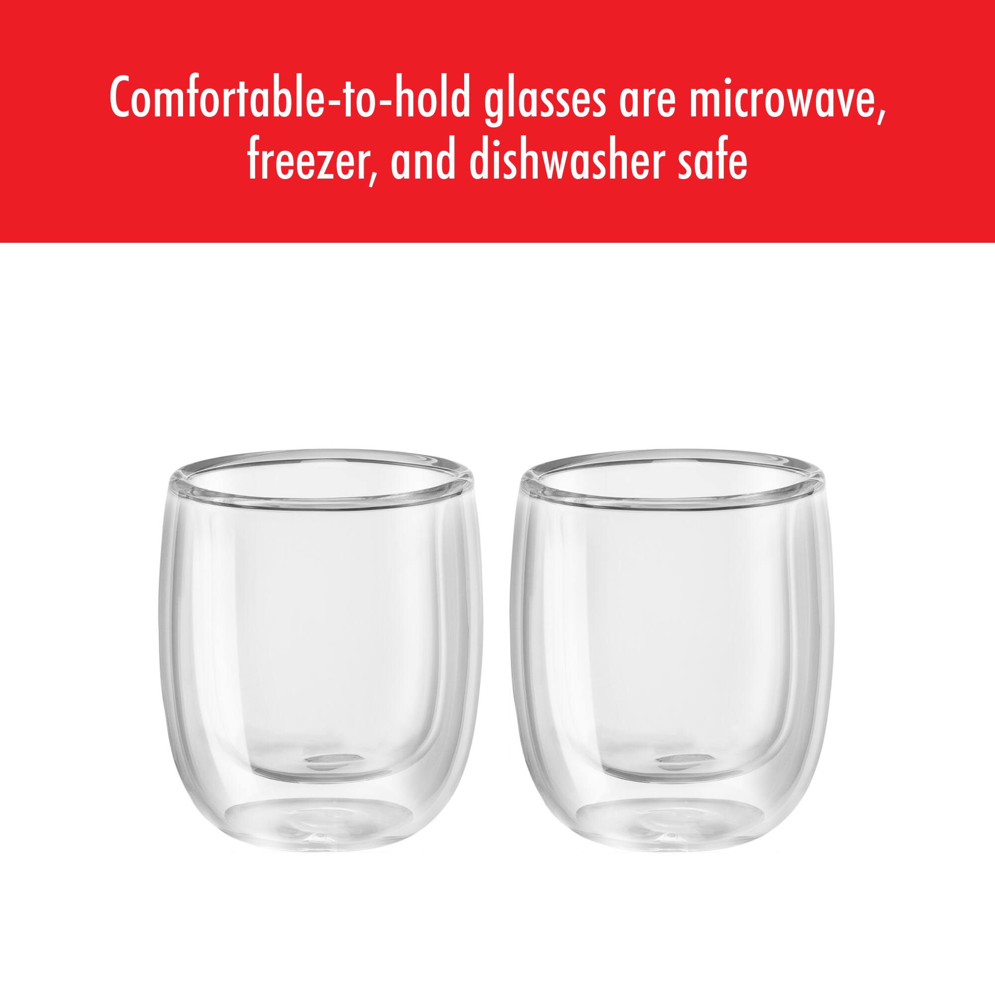 Comfortable-to-hold glasses are microwave, freezer, and dishwasher safe