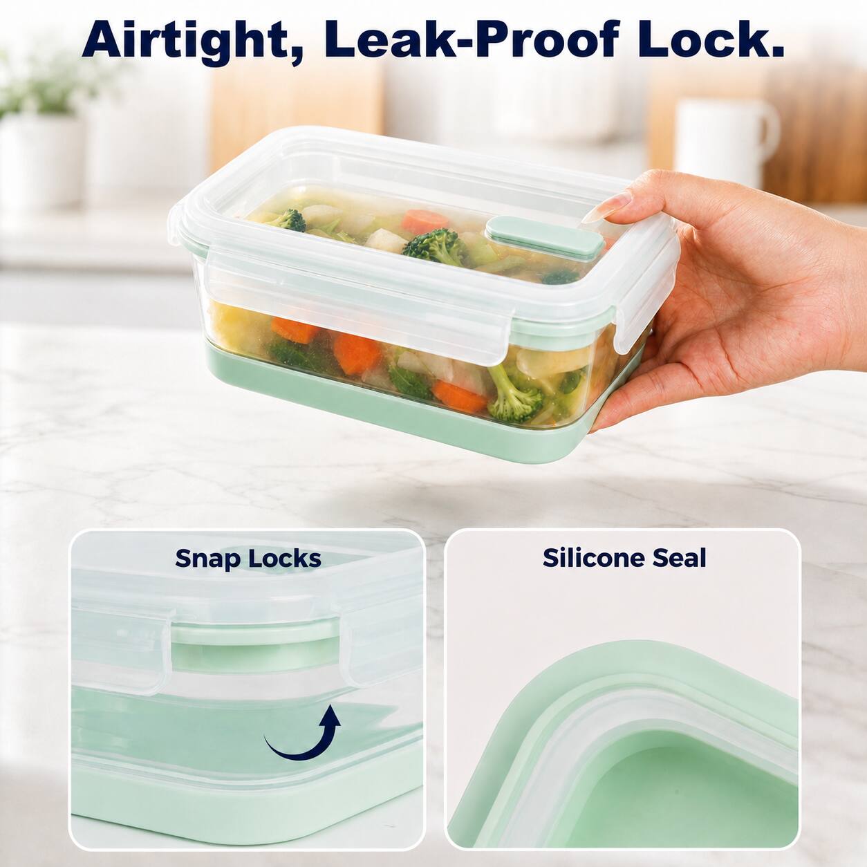 Airtight, Leak-Proof Lock.

Snap Locks

Silicone Seal