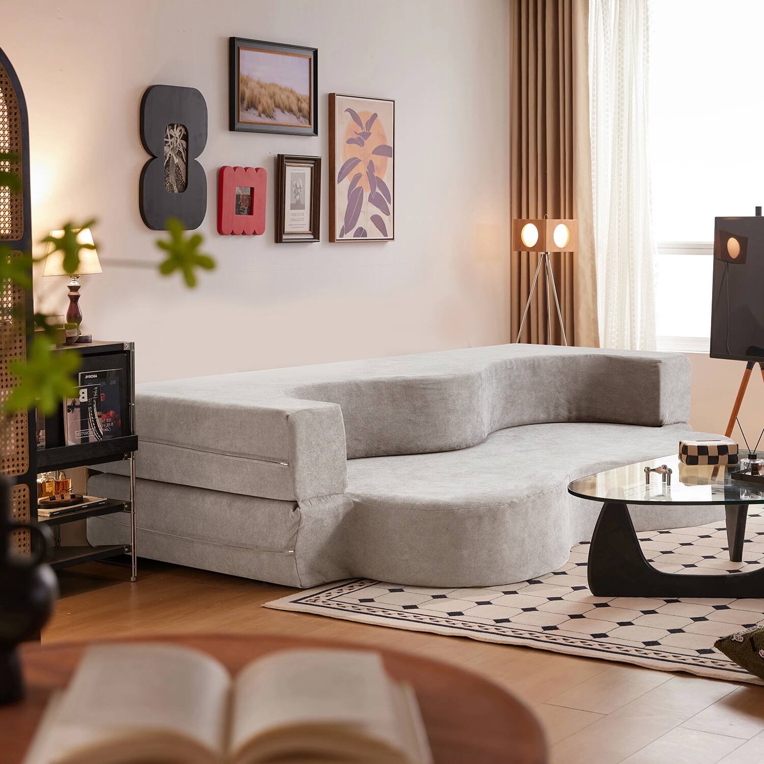 Left. U-HOMY - High-Density Foam Folding Sofa Bed: Convertible Floor Couch for Living Room, Guest Room, and Bedroom  - Light Grey.