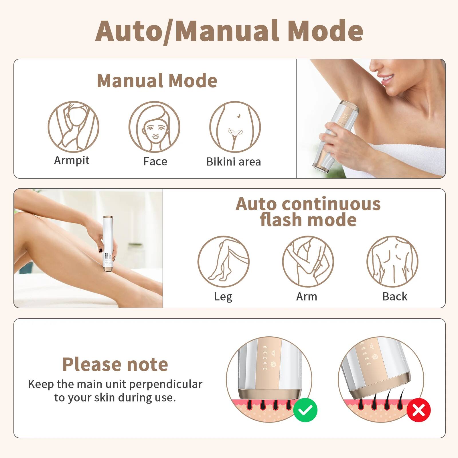 Auto/Manual Mode

Manual Mode
- Armpit
- Face
- Bikini area

Auto continuous flash mode
- Leg
- Arm
- Back

Please note
Keep the main unit perpendicular to your skin during use.