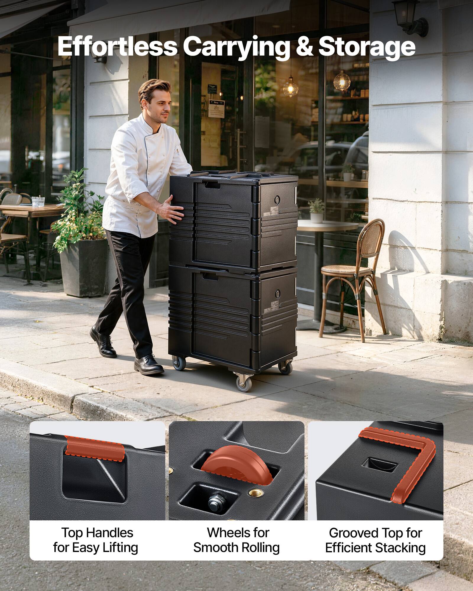 Effortless Carrying & Storage

Top Handles for Easy Lifting
Wheels for Smooth Rolling
Grooved Top for Efficient Stacking