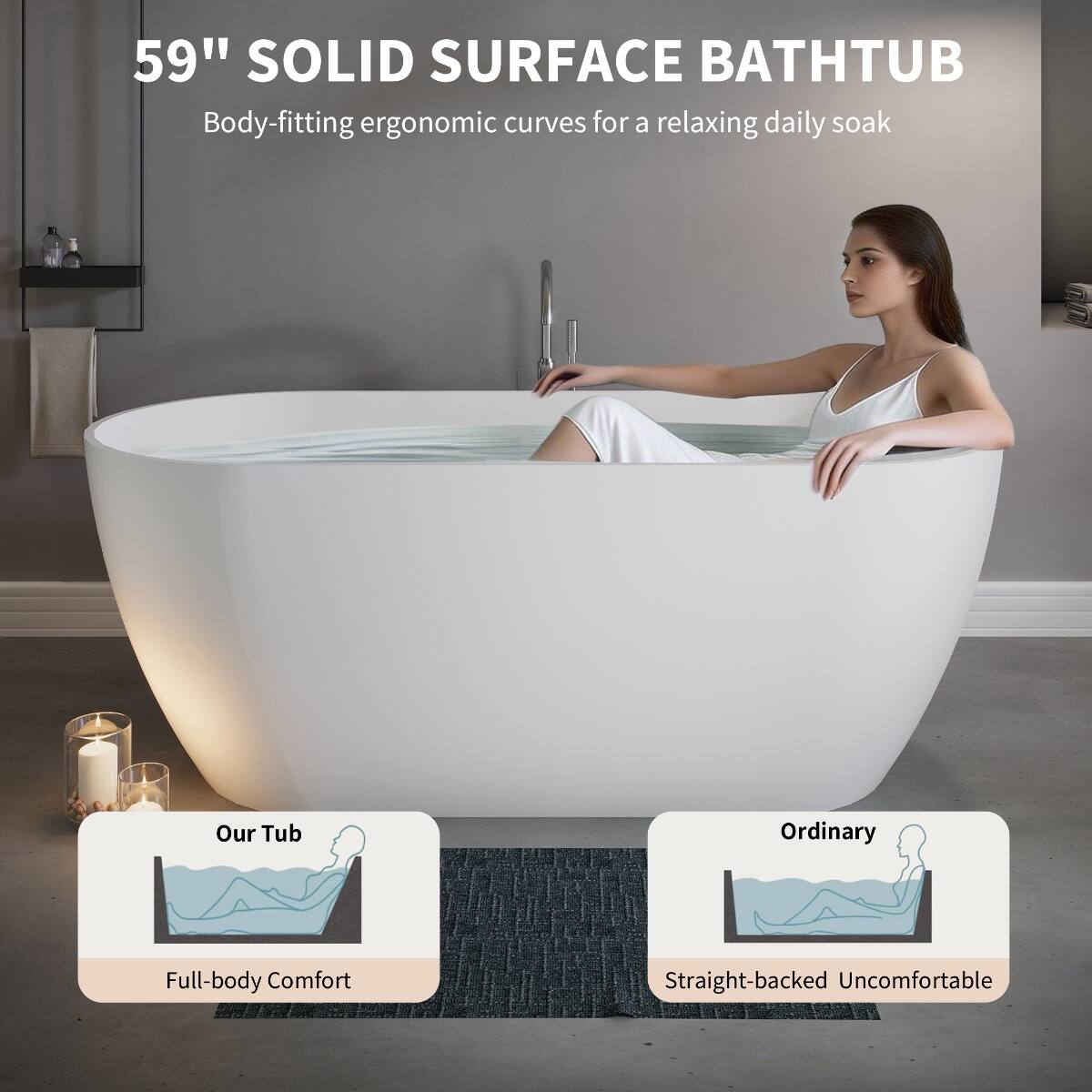 Loheer 59 Inch Freestanding Solid Surface Soaking Bathtub Stone Resin ...
