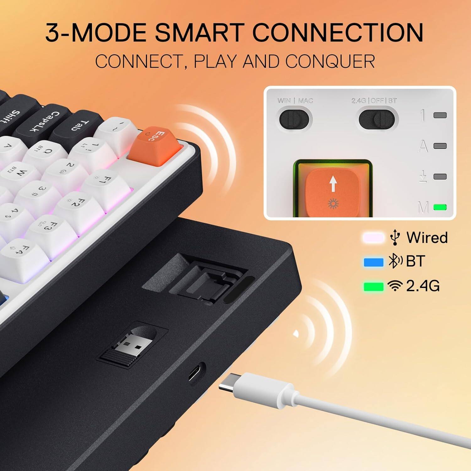 3-MODE SMART CONNECTION  
CONNECT, PLAY AND CONQUER

Shift CapsLk Tab 7 L1 1 BT1 C -- 2 BT2 W  0 F1 3 # F2 4 $  F3  
Esc

WIN MAC  
2.4G OFF BT 1 A  M Wired BT  
2.4G
