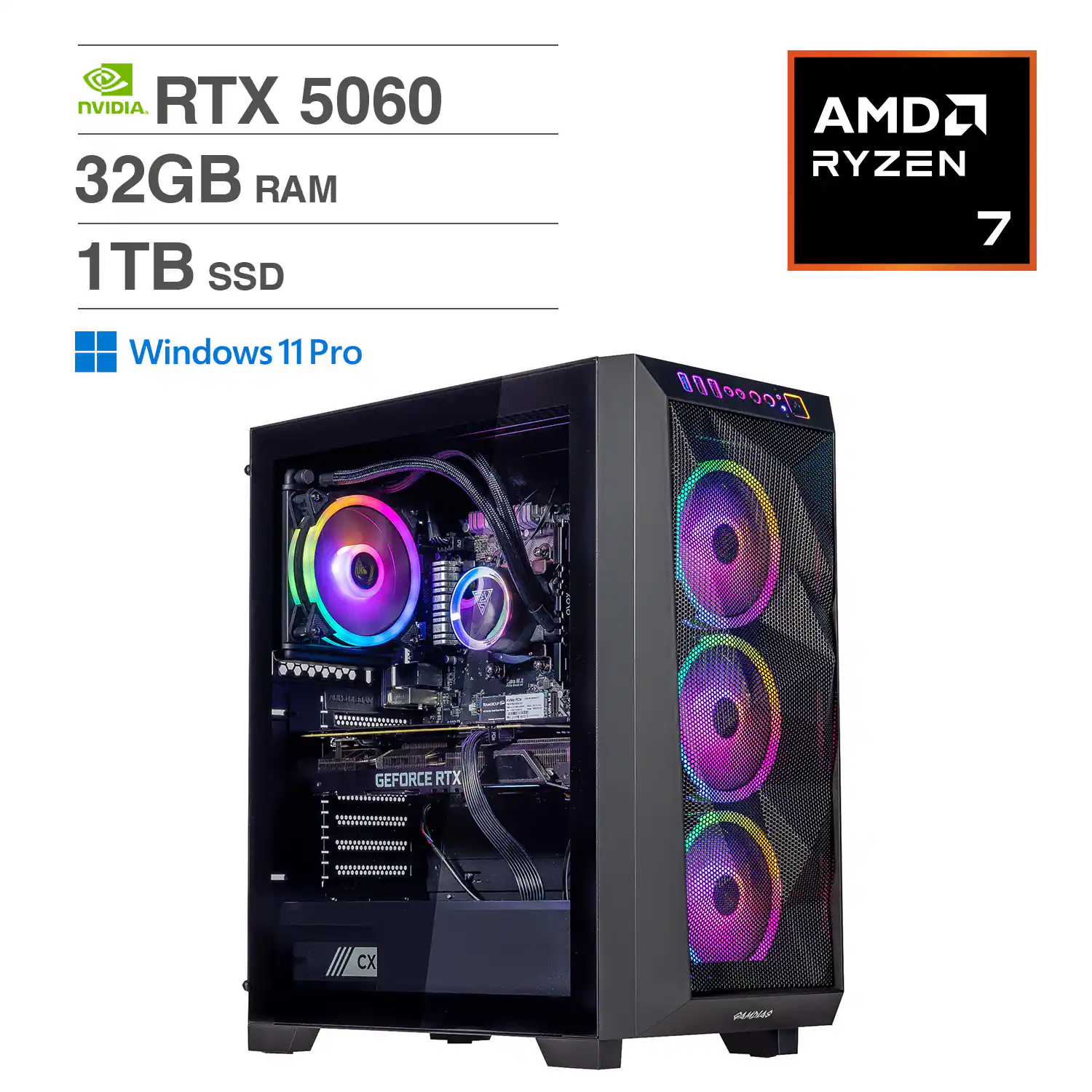 NVIDIA RTX 5060  
32GB RAM  
1TB SSD  
AMD Ryzen 7  
Windows 11 Pro