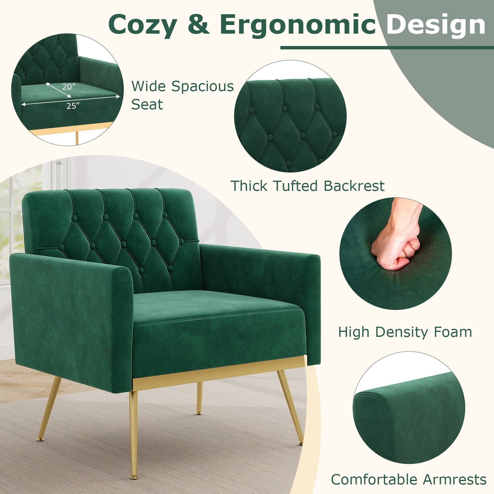 Cozy & Ergonomic Design

- Wide Spacious Seat
- Thick Tufted Backrest
- High Density Foam
- Comfortable Armrests