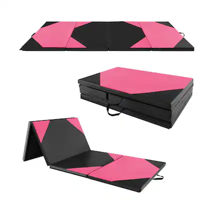 Front. Pefilos - 10' x 4' x 2" Folding Exercise Mat with Hook and Loop Fasteners-Black & Pink, Folding Thick Exercise with Carrying - Black.