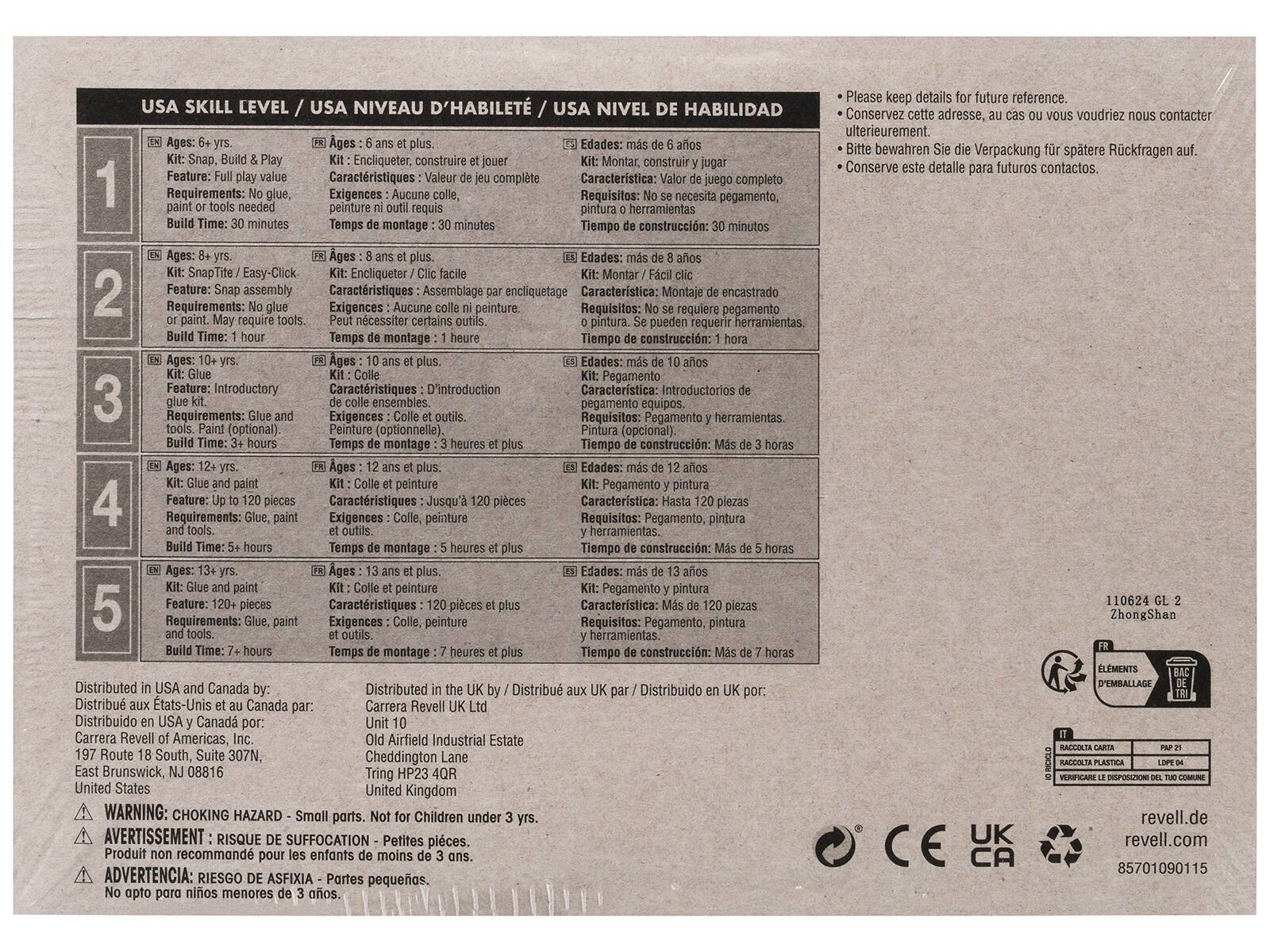 **USA SKILL LEVEL / USA NIVEAU D'HABILITÉ / USA NIVEL DE HABILIDAD**

1. **Ages: 6+ yrs.**  
   - Kit: Snap, Build & Play  
   - Feature: Full play value  
   - Requirements: No glue, paint or tools needed  
   - Build Time: 30 minutes  
   - Edades: más de 6 años  
   - Kit: Montar, construir y jugar  
   - Características: Valor de juego completo  
   - Requisitos: No se necesita pegamento, pintura o herramientas  
   - Tiempo de construcción: 30 minutos  

2. **Ages: 8+ yrs.**  
   - Kit: SnapTite / Easy-Click  
   - Feature: Snap assembly  
   - Requirements: No glue or paint. May require tools  
   - Build Time: 1 hour  
   - Edades: más de 8 años  
   - Kit: Encliqueter / Facil clic  
   - Características: Montaje encastrado  
   - Requisitos: No se requiere pegamento o pintura. Se puede requerir herramient