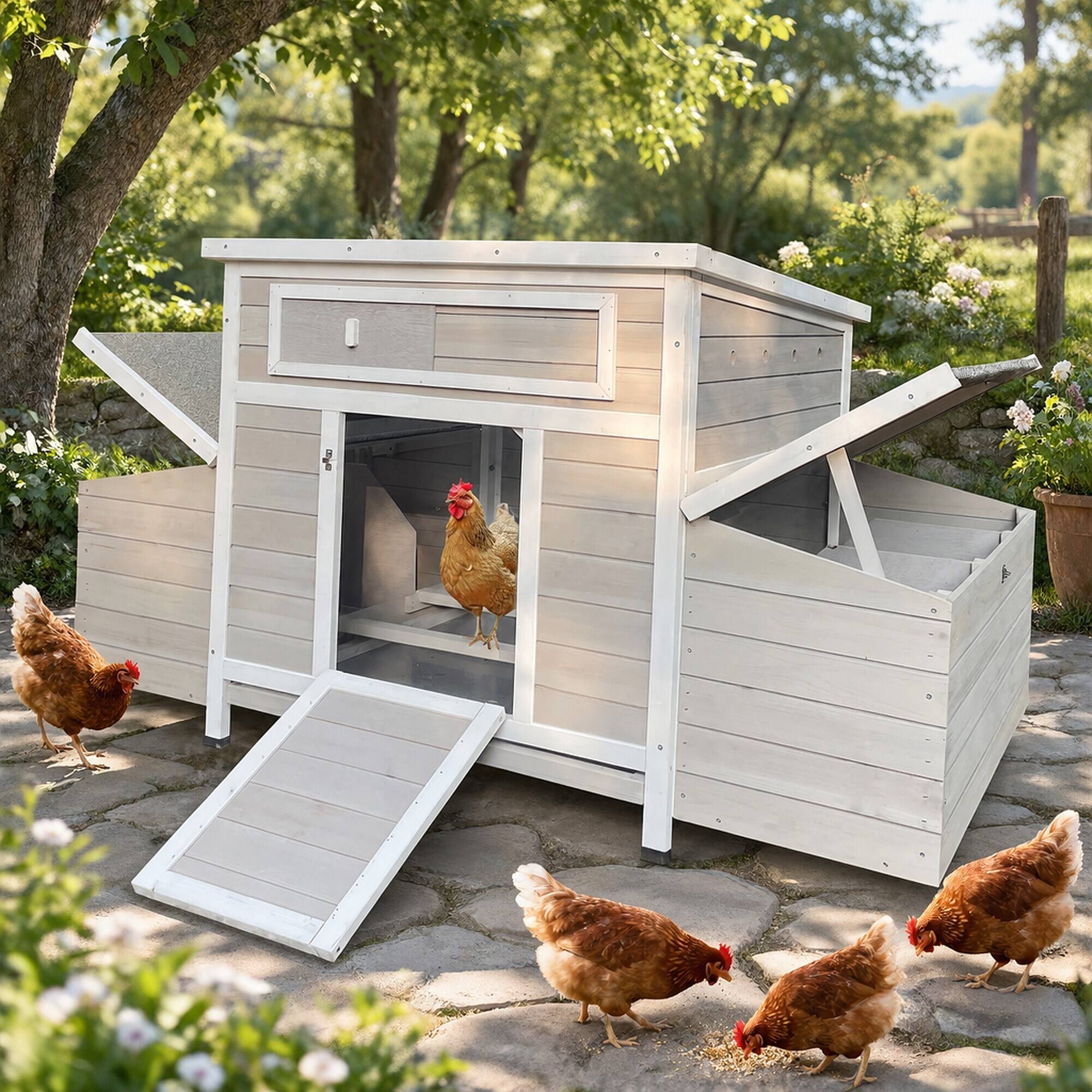 Angle. RYHNUYNE - Large Wooden Chicken Coop, Outdoor Hen House, Poultry Cage, 2 Sides Nesting Boxes, 6 Egg Nests.
