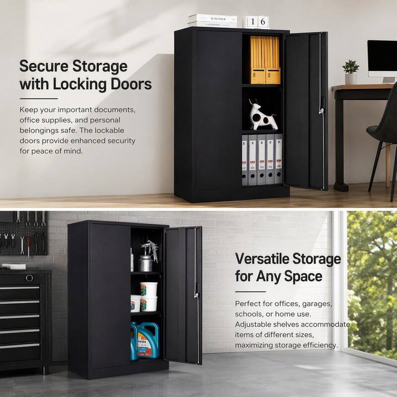 KINFOLK

1
Secure Storage with Locking Doors
Keep your important documents, office supplies, and personal belongings safe. The lockable doors provide enhanced security for peace of mind.

2
Versatile Storage for Any Space
Perfect for offices, garages, schools, or home use. Adjustable shelves accommodate items of different sizes, maximizing storage efficiency.