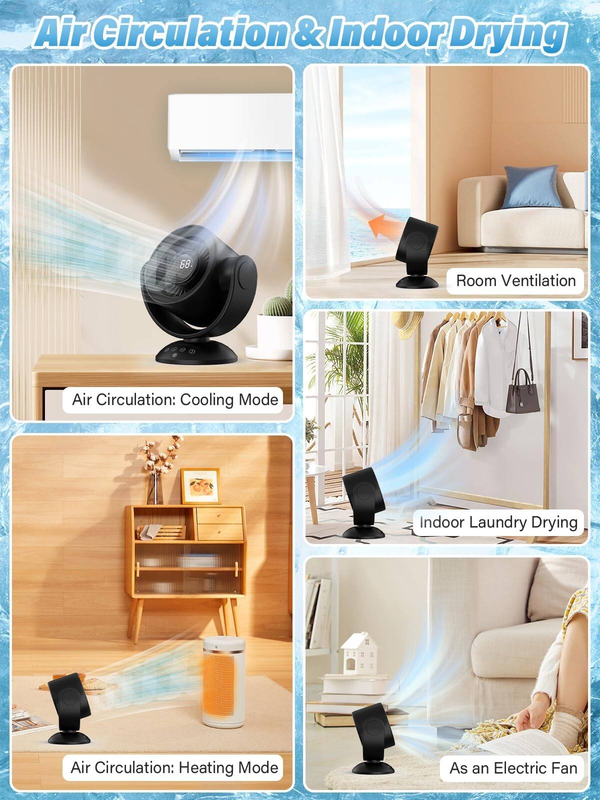 Air Circulation & Indoor Drying

- Air Circulation: Cooling Mode
- Room Ventilation
- Indoor Laundry Drying
- Air Circulation: Heating Mode
- As an Electric Fan