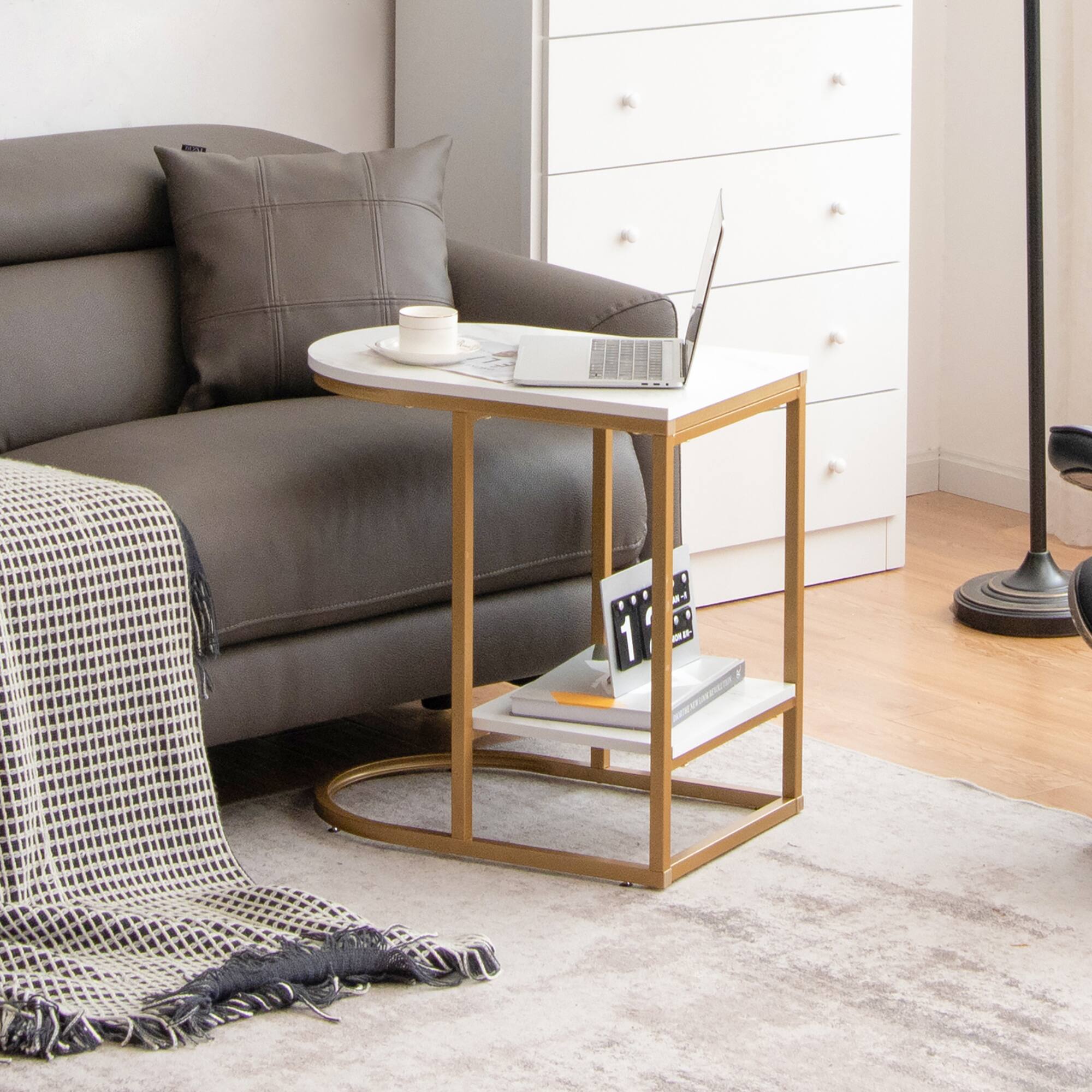 Alt View 1. Costway - Costway 2Pcs C-shaped Side Table 2-Tier End Table w/ Storage Modern Compact Snack Table - White,Gold.