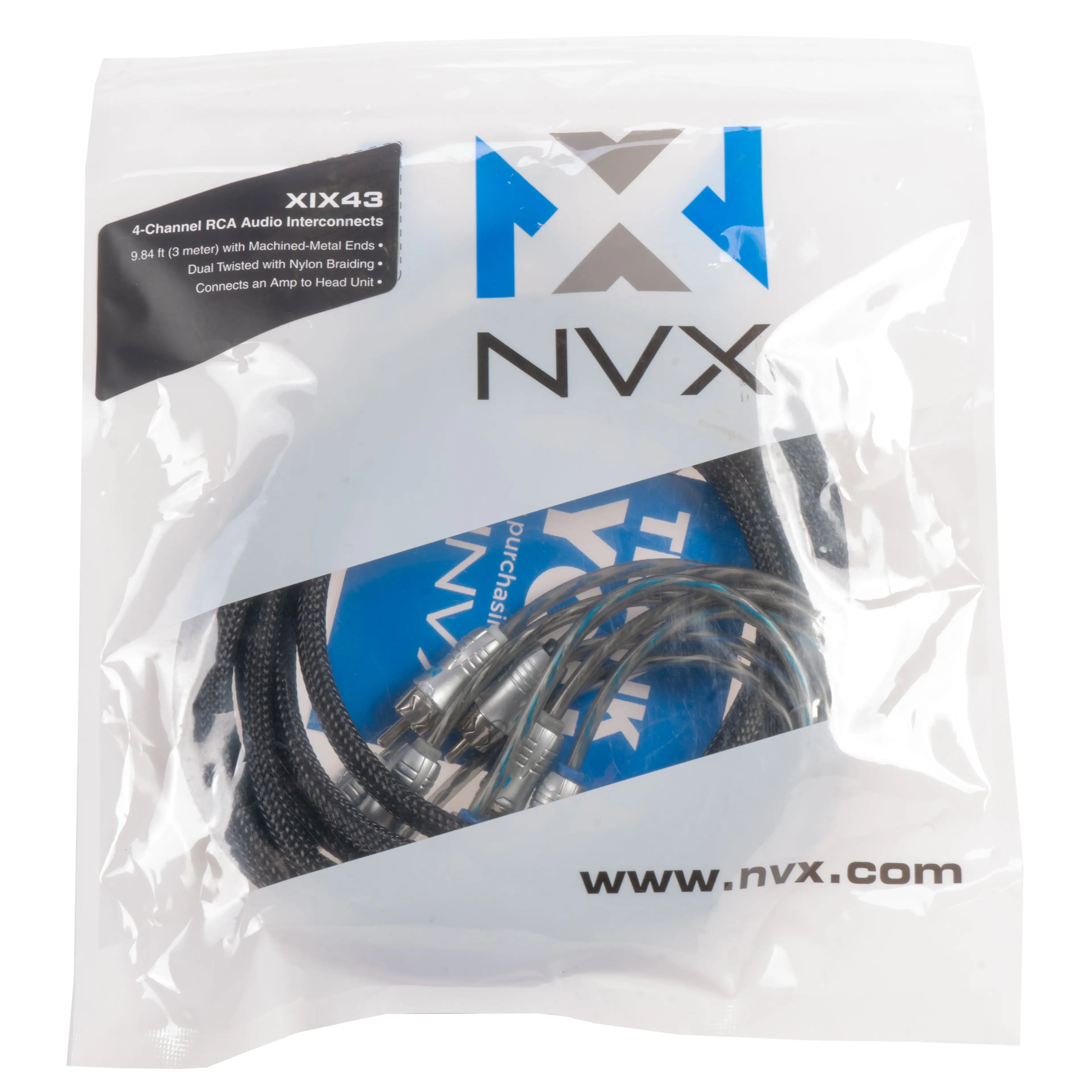 XIX43  
4-Channel RCA Audio Interconnects  
9.84 ft (3 meter) with Machined-Metal Ends  
Dual Twisted with Nylon Braiding  
Connects an Amp to Head Unit  
www.nvx.com