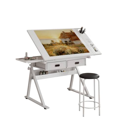Bestier - Adjustable Drafting Table Art Desk with Tilting Tabletop, Storage Drawers & Stool, Drawing Desk for Crafting, Writing - All White