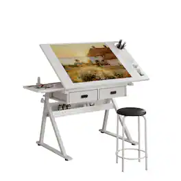 Bestier - Adjustable Drafting Table Art Desk with Tilting Tabletop, Storage Drawers & Stool, Drawing Desk for Crafting, Writing - All White
