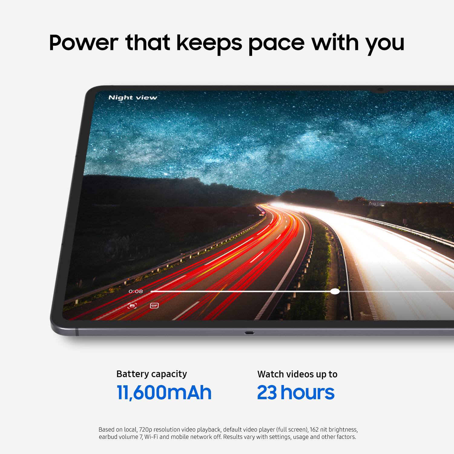 Power that keeps pace with you

Night view

Battery capacity  
11,600mAh

Watch videos up to  
23 hours

Based on local, 720p resolution video playback, default video player (full screen), 162 nit brightness, earbud volume 7, Wi-Fi and mobile network off. Results vary with settings, usage and other factors.