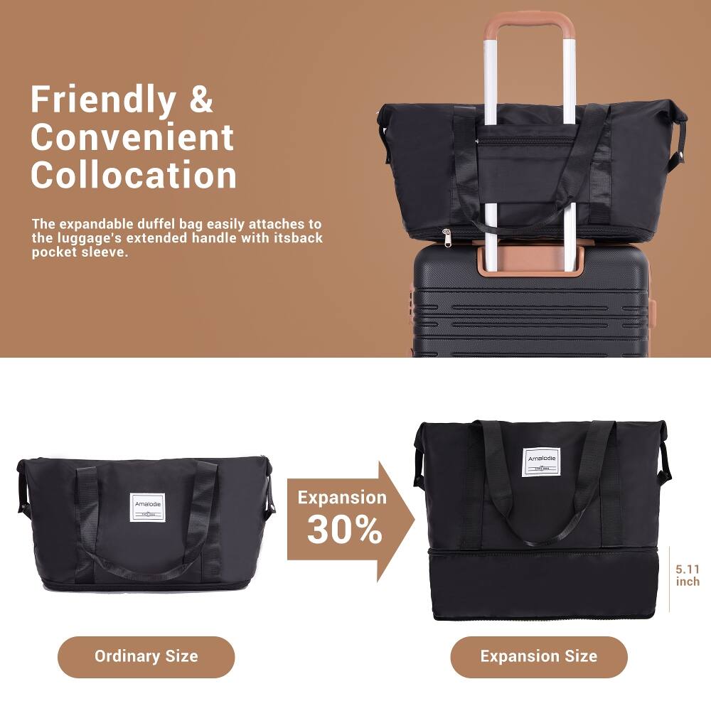 Friendly & Convenient Collocation

The expandable duffel bag easily attaches to the luggage's extended handle with its back pocket sleeve.

Amalodie

Expansion 30%
5.11 inch

Ordinary Size
Expansion Size