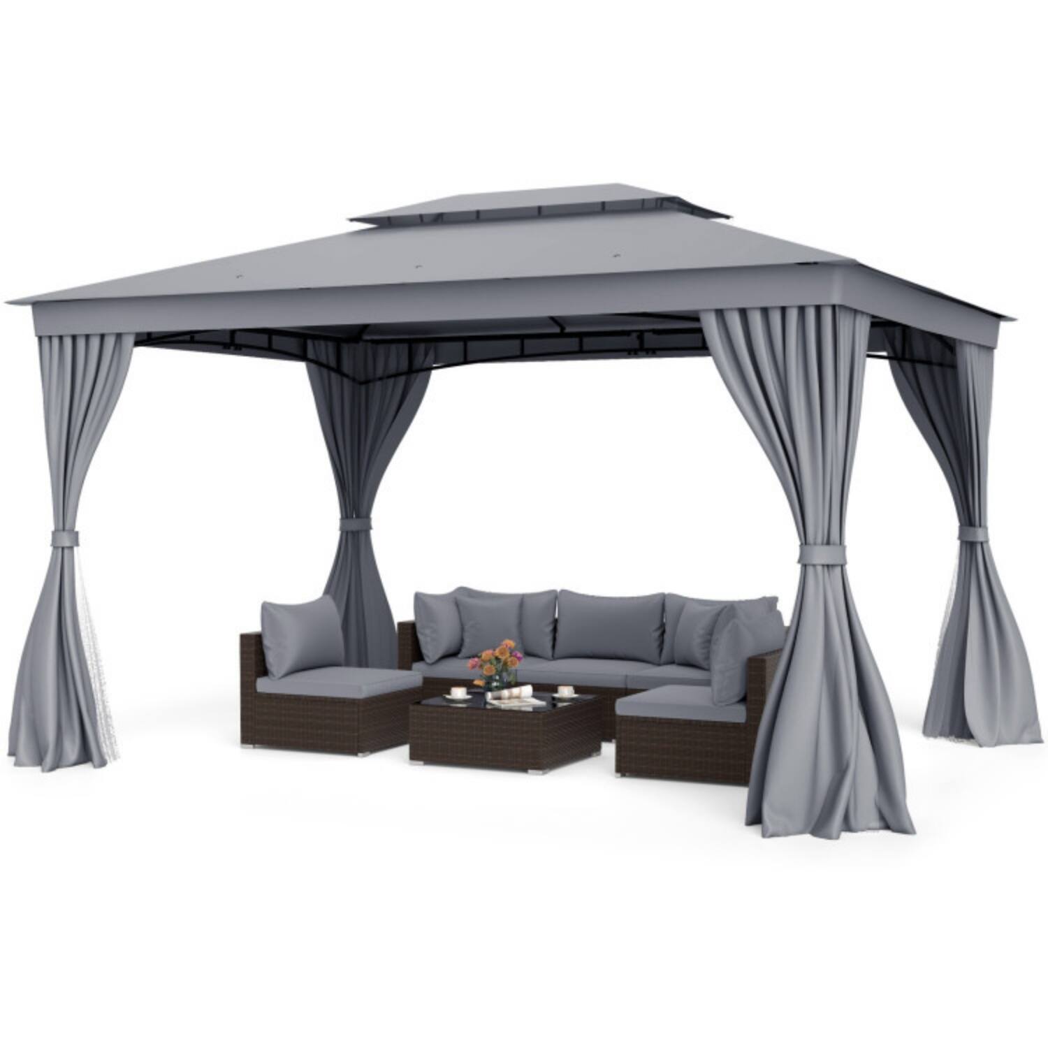 Alt View 5. Mondawe - 10 x 13 FT Freestanding Patio Gazebo with Double Roof, Mesh, and Privacy Curtains - Gray.