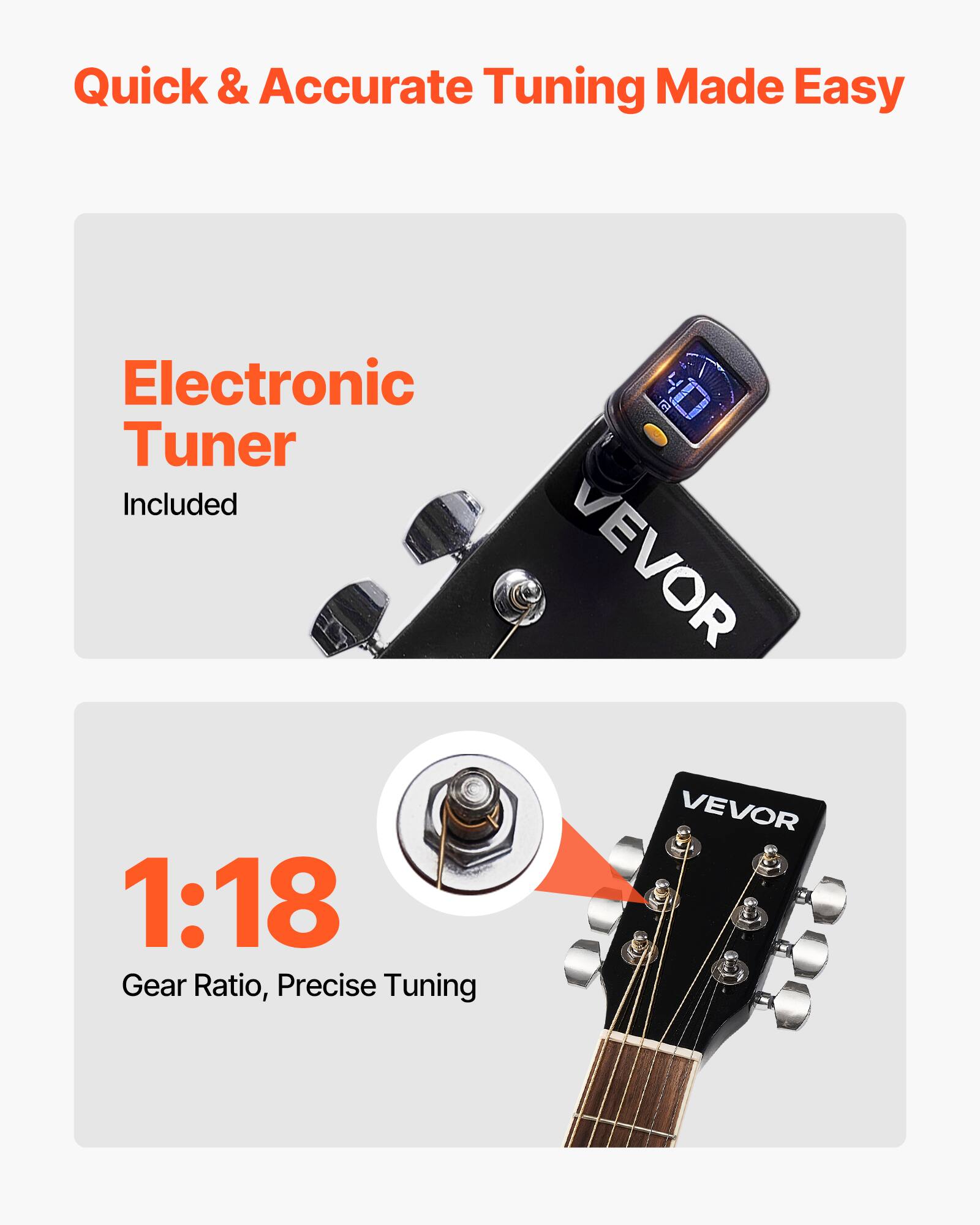 Quick & Accurate Tuning Made Easy

Electronic Tuner Included

1:18 Gear Ratio, Precise Tuning